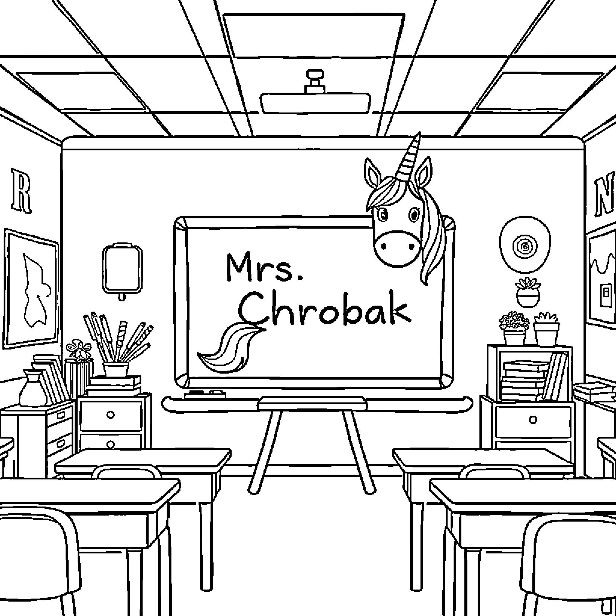 Unicorn Classroom Scene with Chalkboard Coloring Page (free black-and-white line drawing printable PDF for all, from beginners to advanced learners, including children, teens, adults, and seniors)