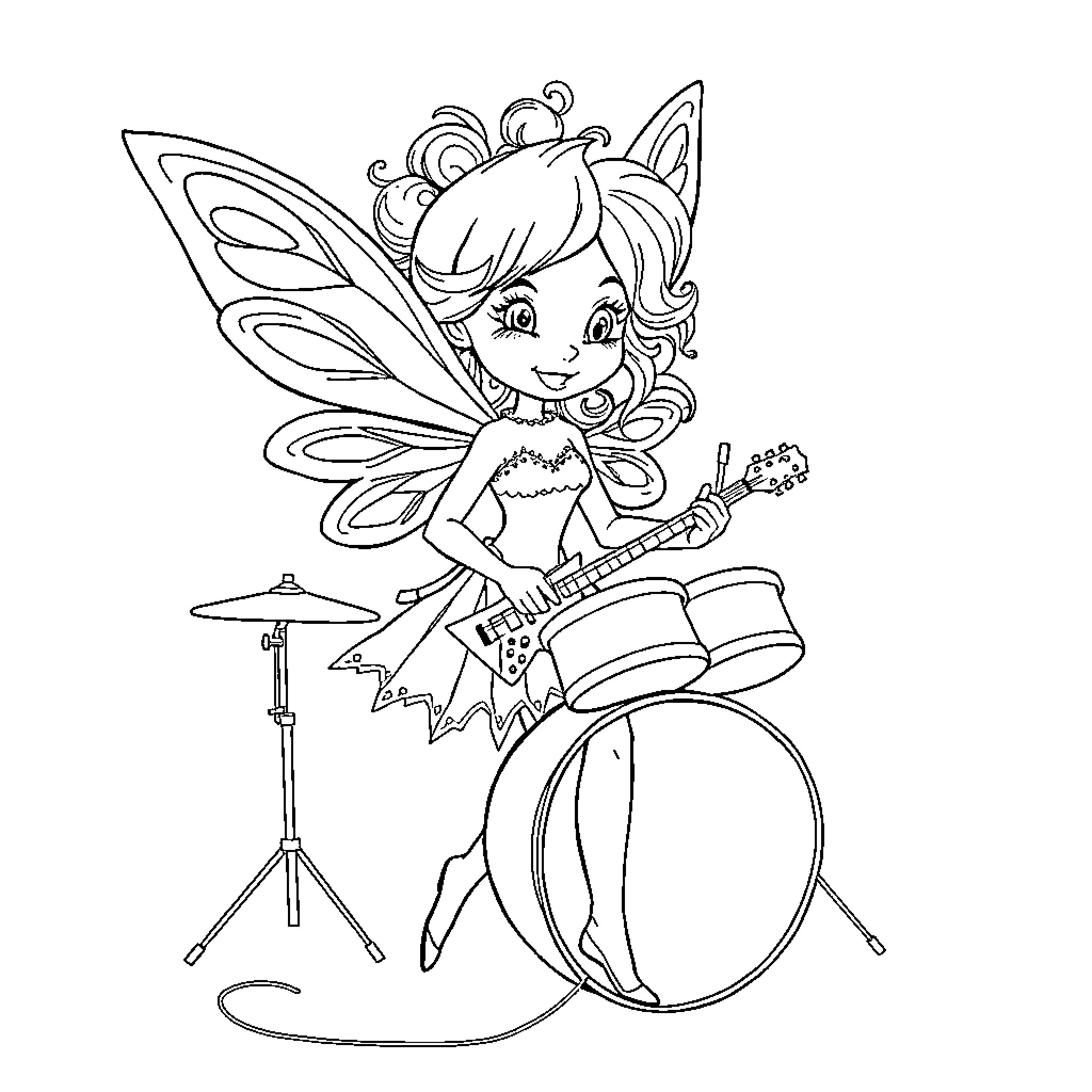 Fairy plays musical instruments with delight Coloring Page (free black-and-white line drawing printable PDF for all, from beginners to advanced learners, including children, teens, adults, and seniors)