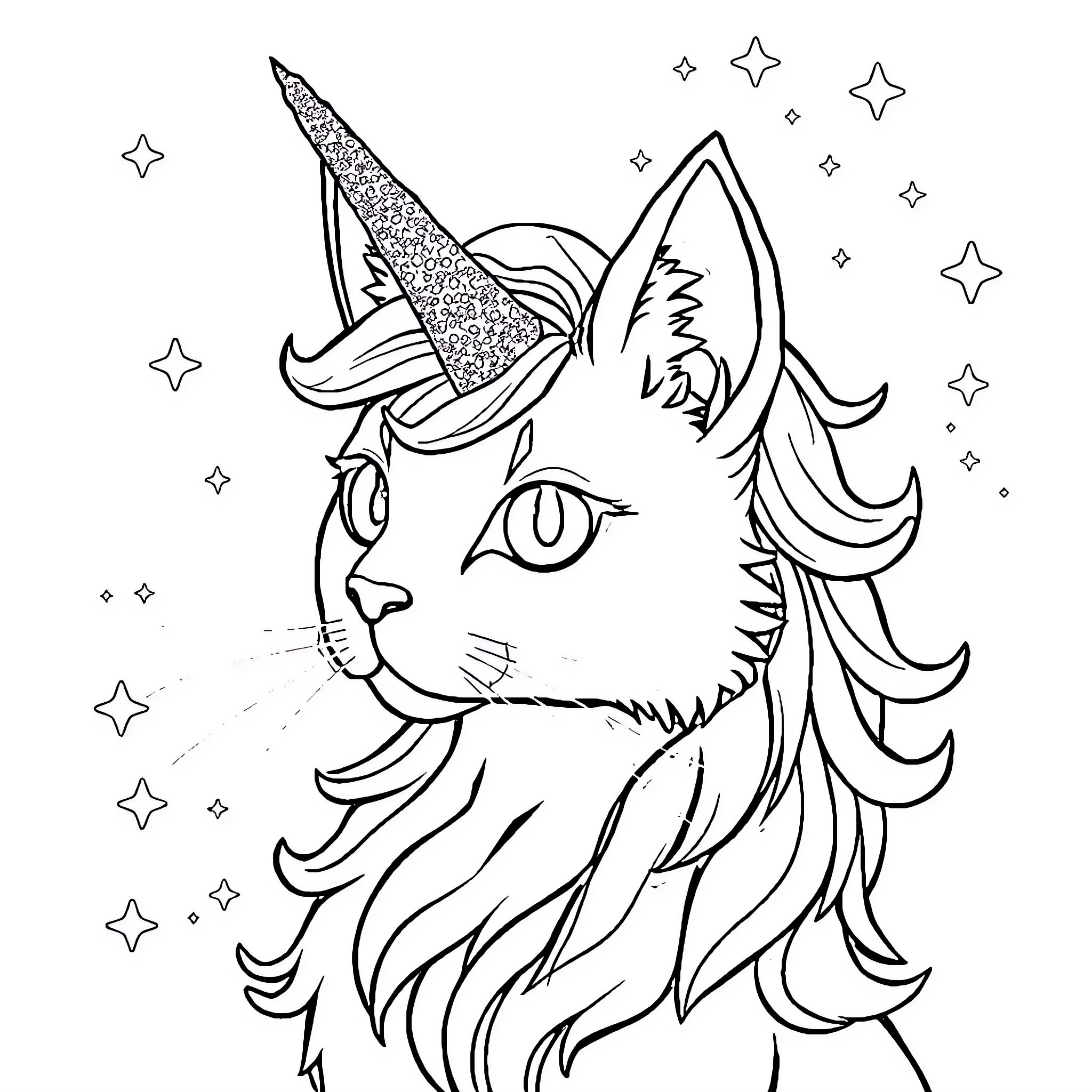 Unicorn Cat with Magical Horns and Starry Night Coloring Page (free black-and-white line drawing printable PDF for all, from beginners to advanced learners, including children, teens, adults, and seniors)