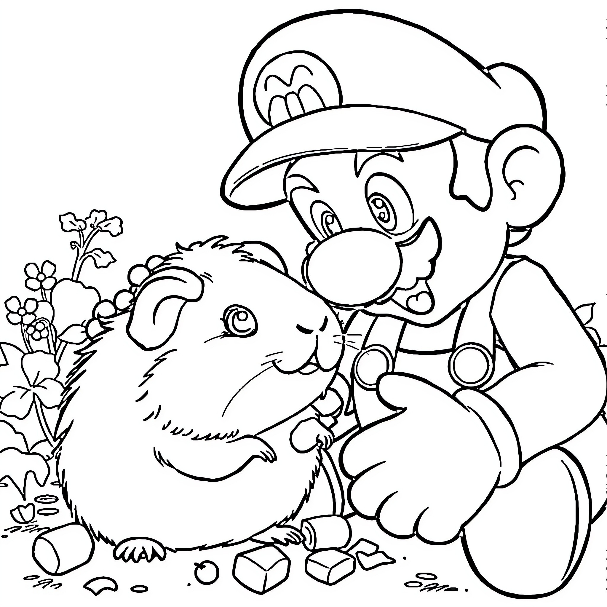 Mario Playfully Interacting with a Rabbit in a Floral Setting Coloring Page (free black-and-white line drawing printable PDF for all, from beginners to advanced learners, including children, teens, adults, and seniors)