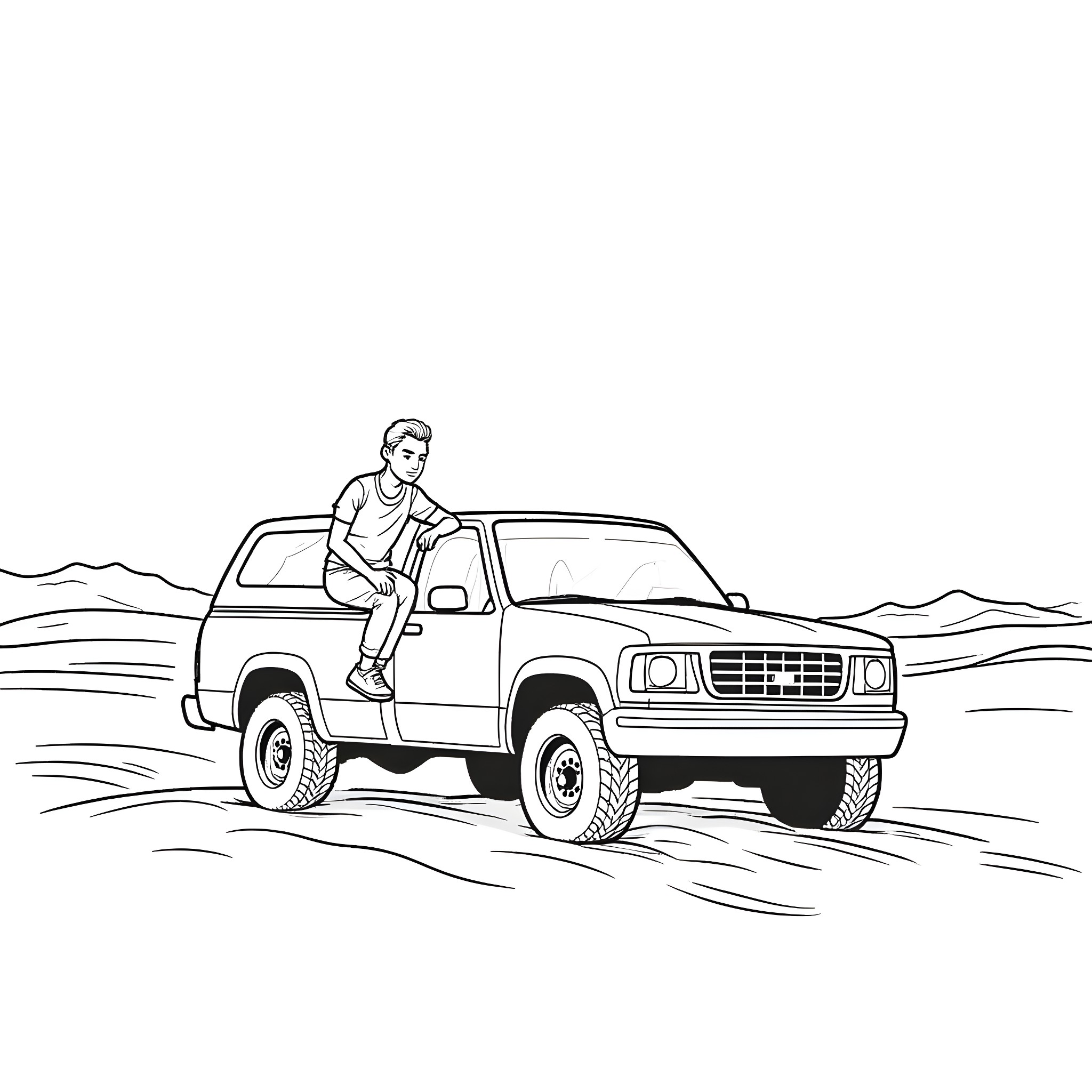 Man driving rugged off-road vehicle in desert Coloring Page (free black-and-white line drawing printable PDF for all, from beginners to advanced learners, including children, teens, adults, and seniors)
