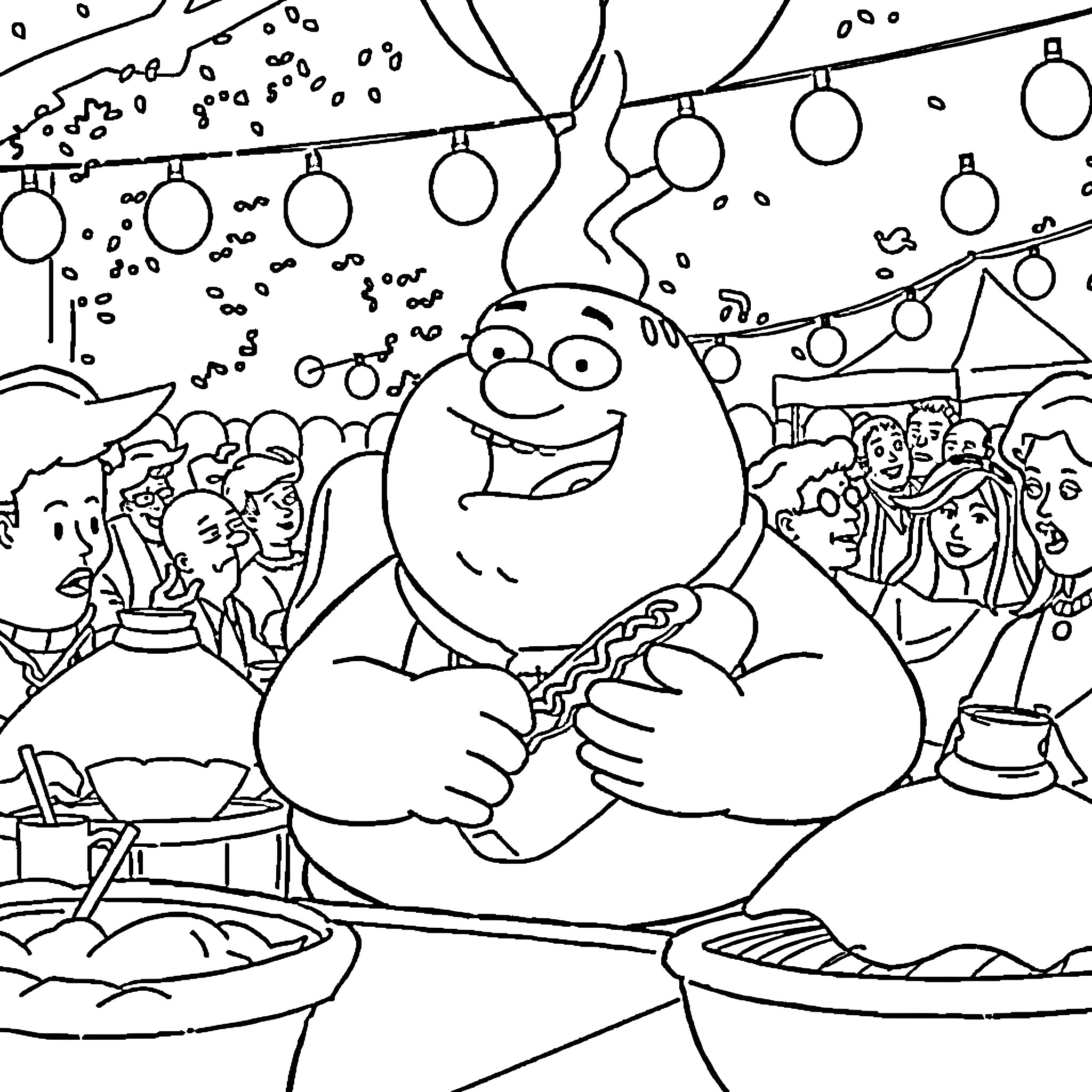 Peter Griffin enjoying a festive party with friends Coloring Page (free black-and-white line drawing printable PDF for all, from beginners to advanced learners, including children, teens, adults, and seniors)
