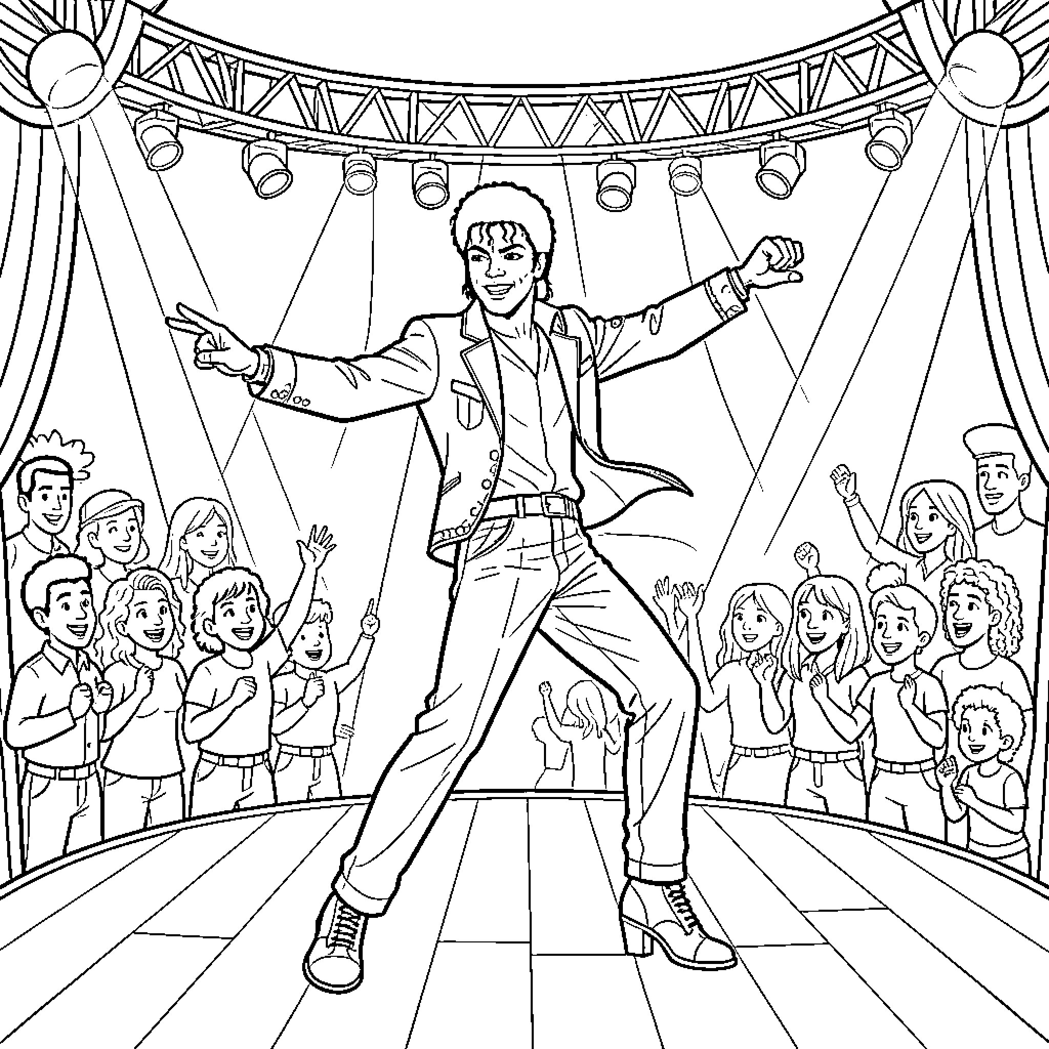 Michael Jackson Performing on Stage with Backup Dancers Coloring Page (free black-and-white line drawing printable PDF for all, from beginners to advanced learners, including children, teens, adults, and seniors)