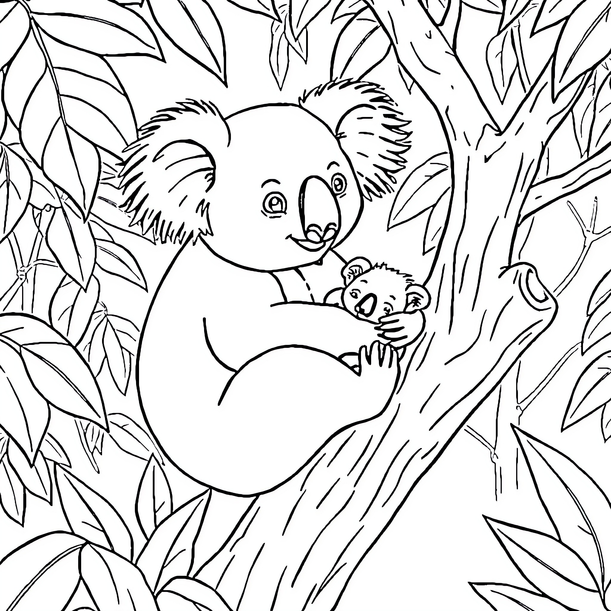 Koala mom and baby in the forest Coloring Page (free black-and-white line drawing printable PDF for all, from beginners to advanced learners, including children, teens, adults, and seniors)