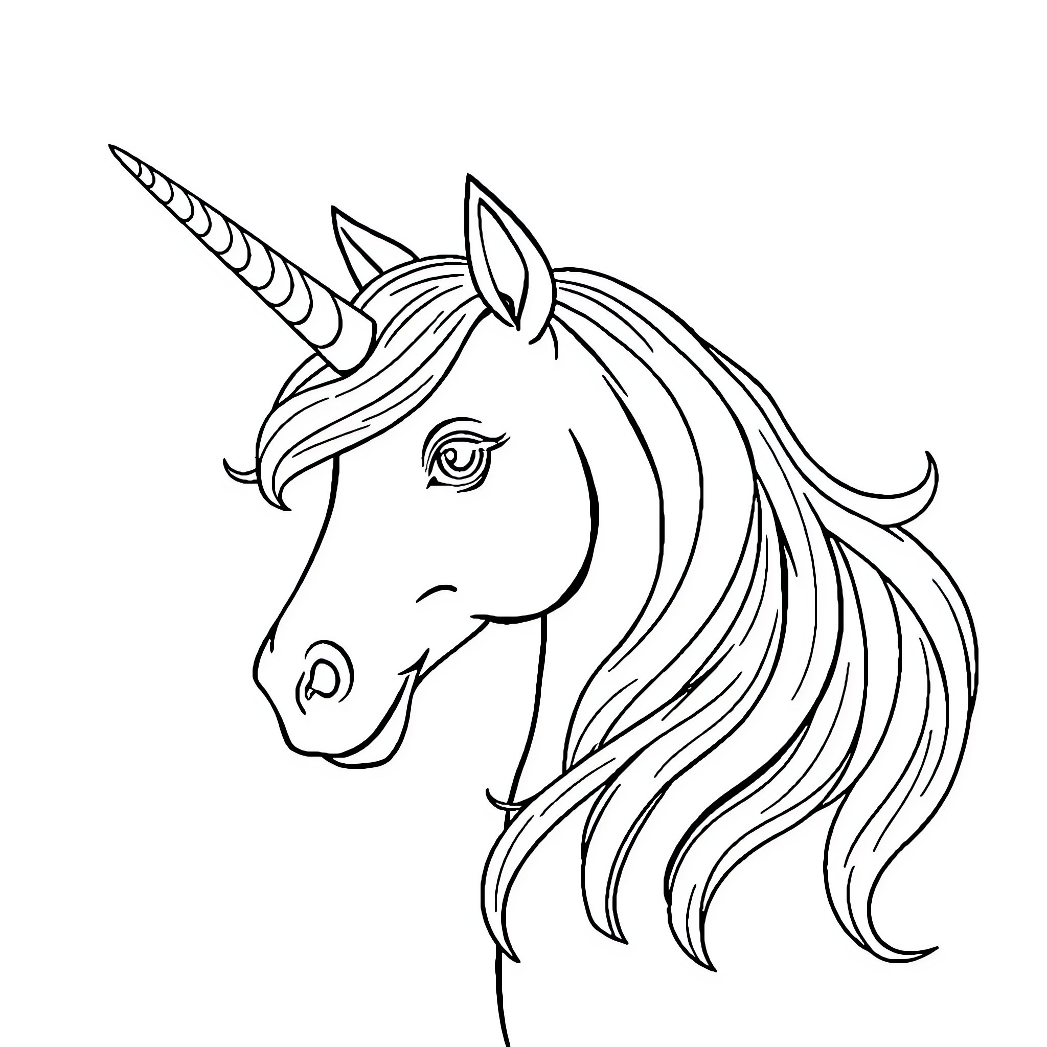 Unicorn with flowing mane and horn Coloring Page (free black-and-white line drawing printable PDF for all, from beginners to advanced learners, including children, teens, adults, and seniors)