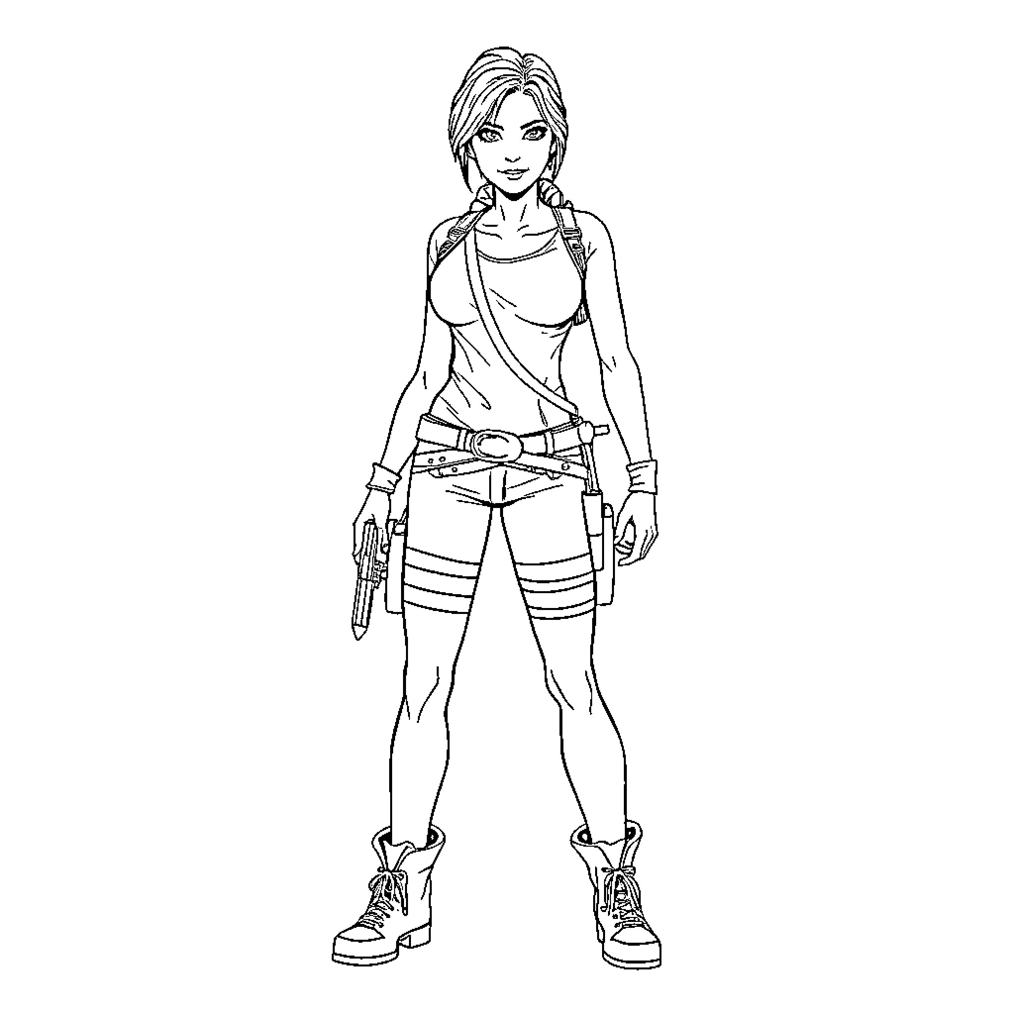 Lara Croft in action-ready pose Coloring Page (free black-and-white line drawing printable PDF for all, from beginners to advanced learners, including children, teens, adults, and seniors)