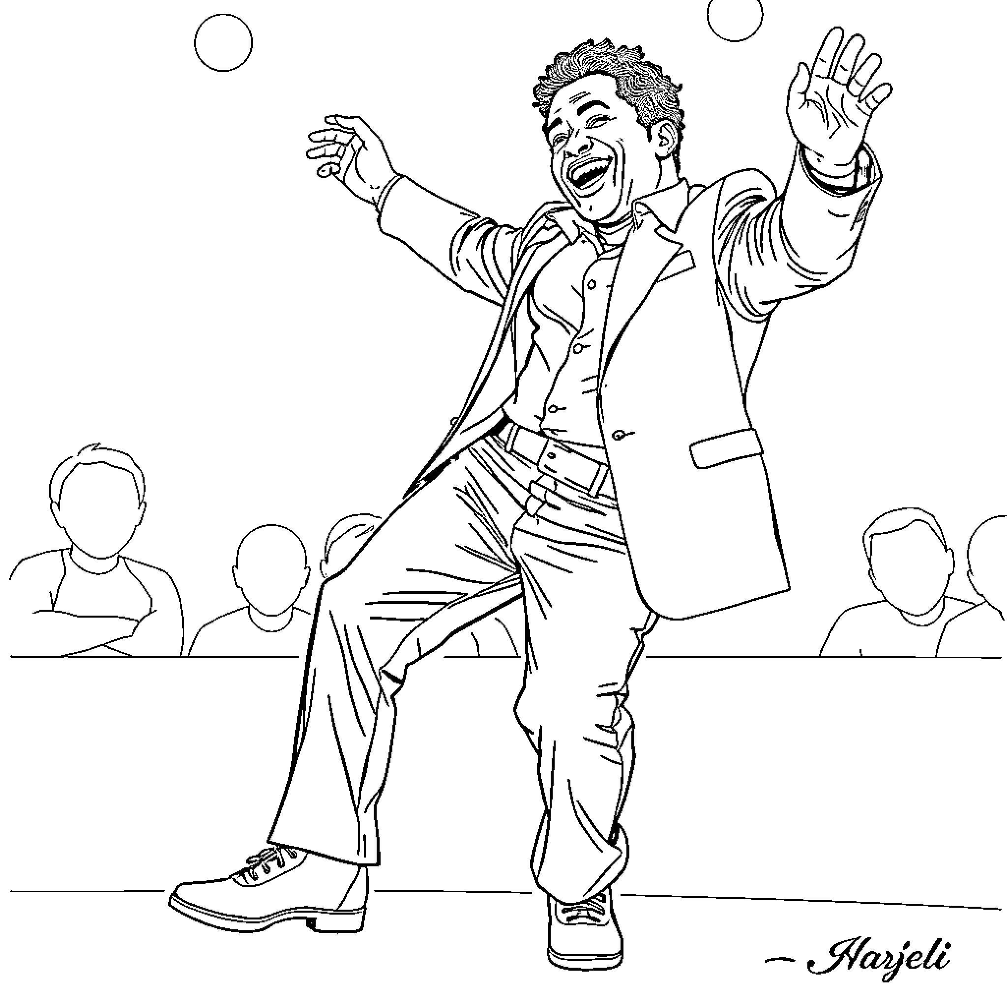 Gary Coleman performing enthusiastically on stage Coloring Page (free black-and-white line drawing printable PDF for all, from beginners to advanced learners, including children, teens, adults, and seniors)