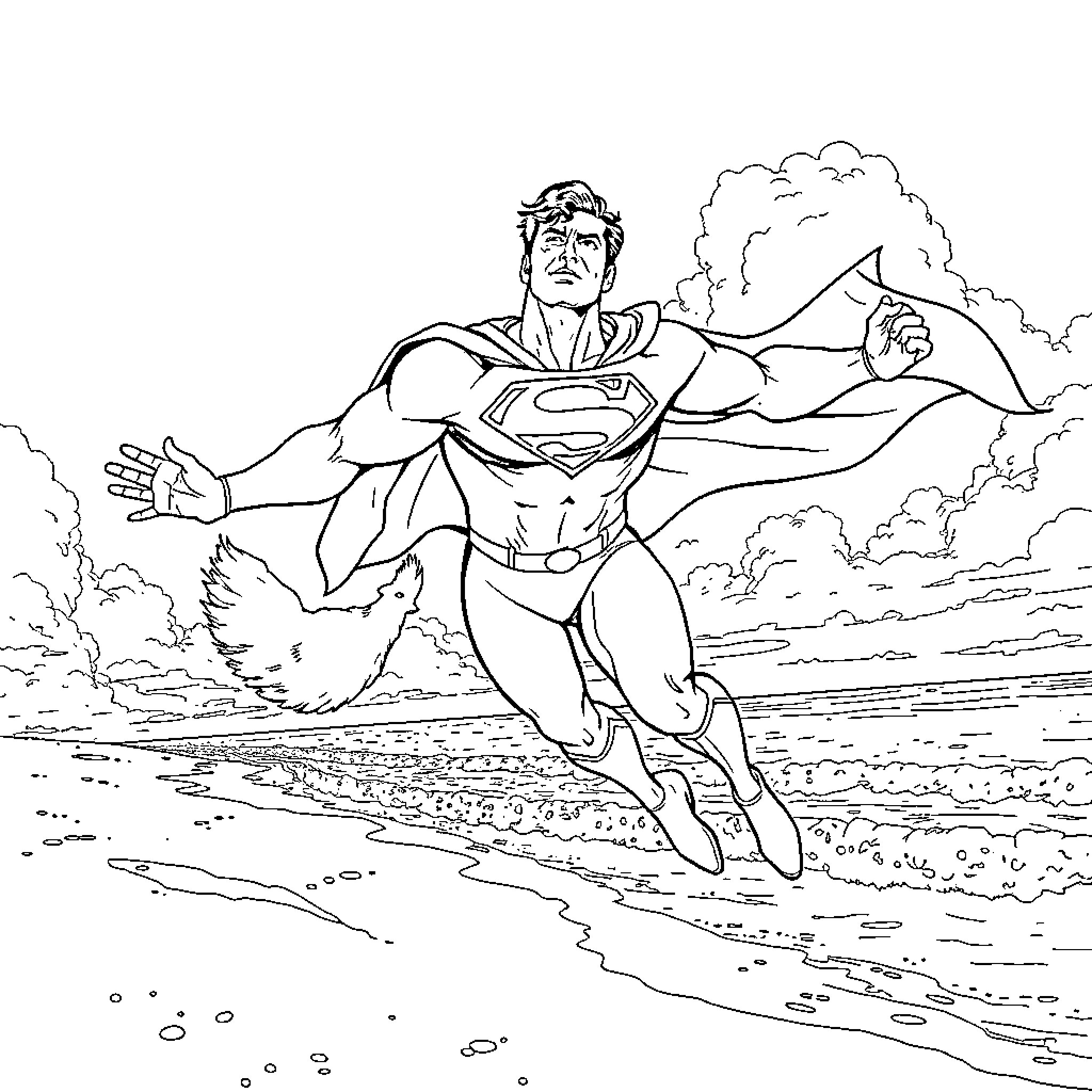 Superman soaring heroically through the sky Coloring Page (free black-and-white line drawing printable PDF for all, from beginners to advanced learners, including children, teens, adults, and seniors)