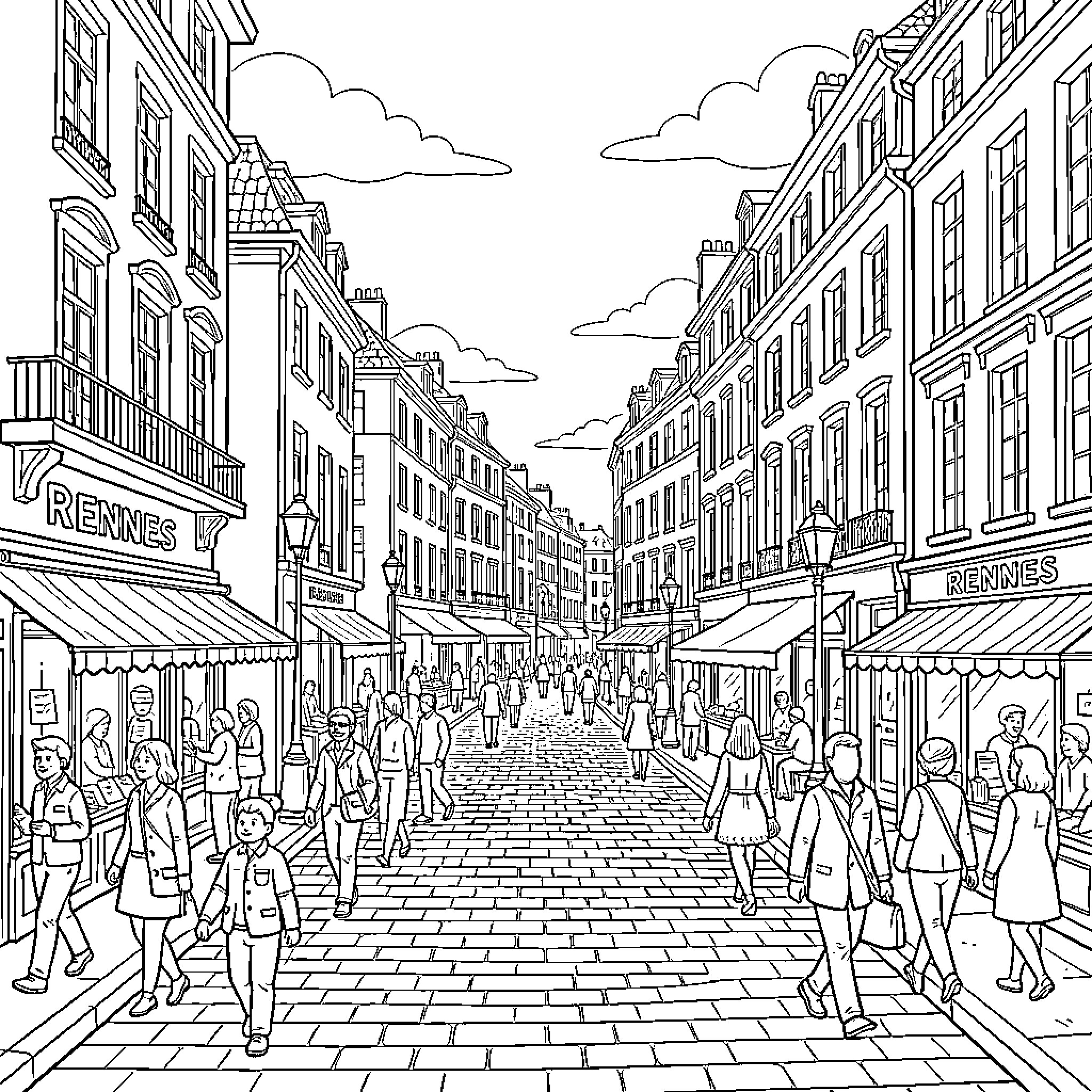 Rennes street scene with people walking through shops Coloring Page (free black-and-white line drawing printable PDF for all, from beginners to advanced learners, including children, teens, adults, and seniors)