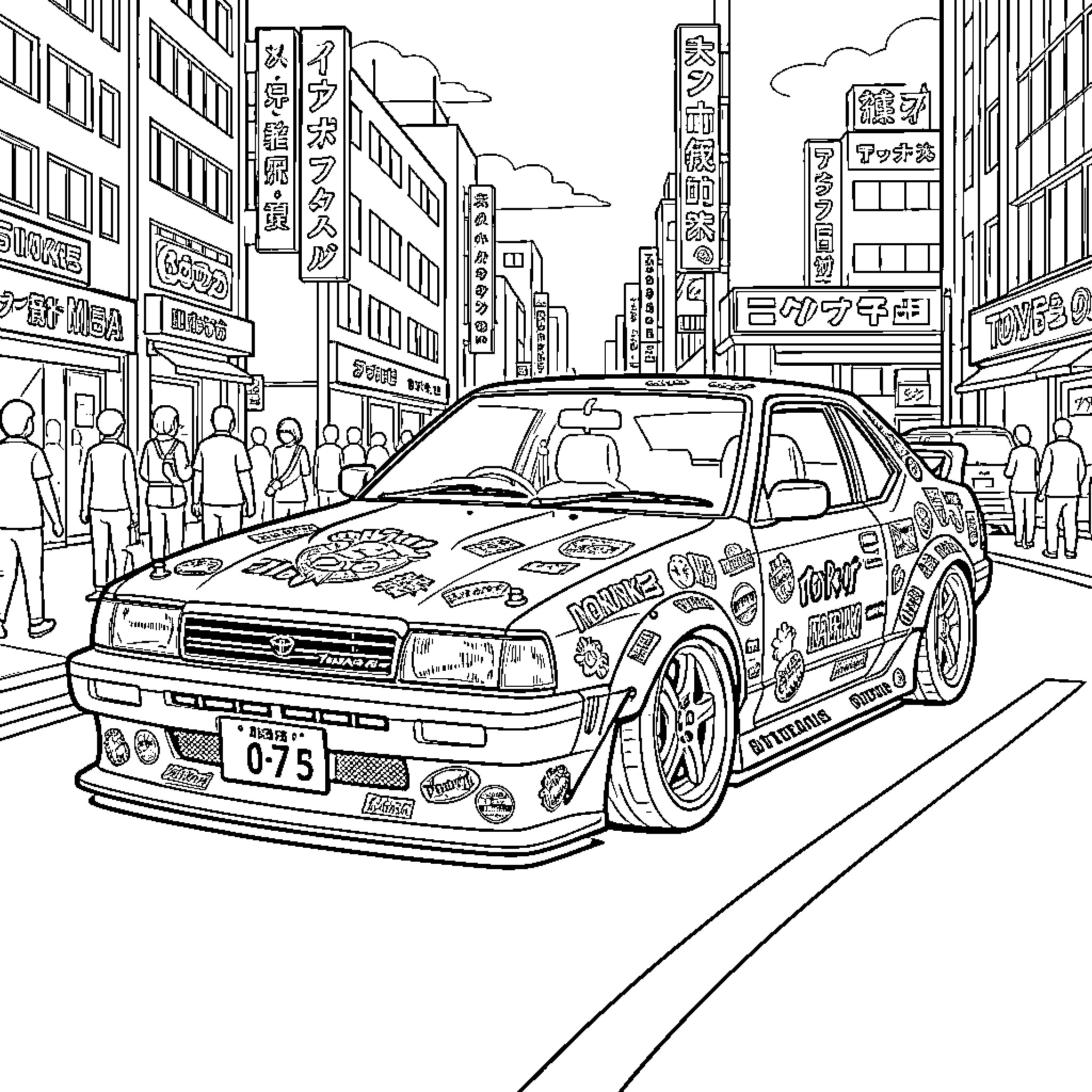 Toyota Mark 2 racing through the city Coloring Page (free black-and-white line drawing printable PDF for all, from beginners to advanced learners, including children, teens, adults, and seniors)