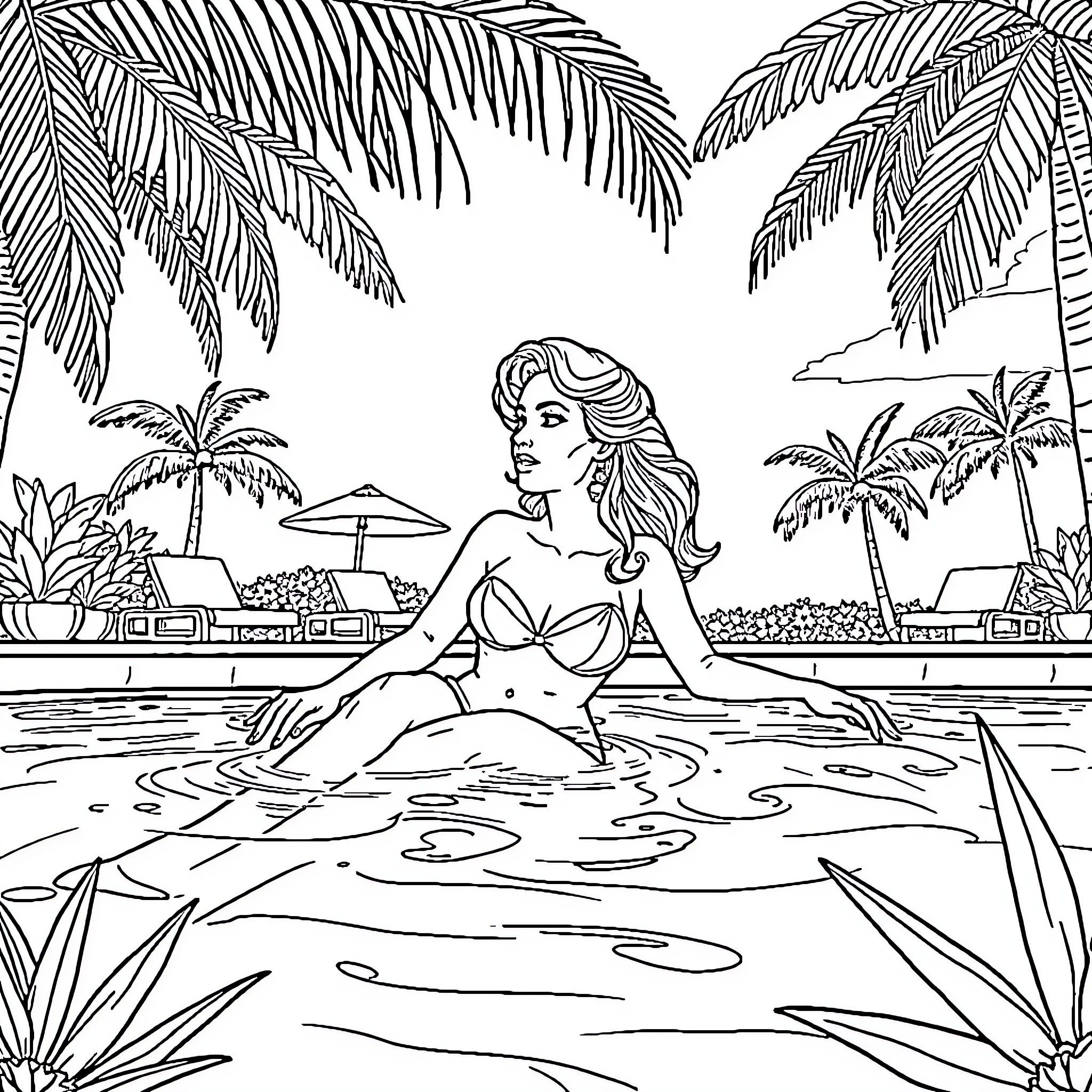 Princess Relaxing in Tropical Oasis Coloring Page (free black-and-white line drawing printable PDF for all, from beginners to advanced learners, including children, teens, adults, and seniors)