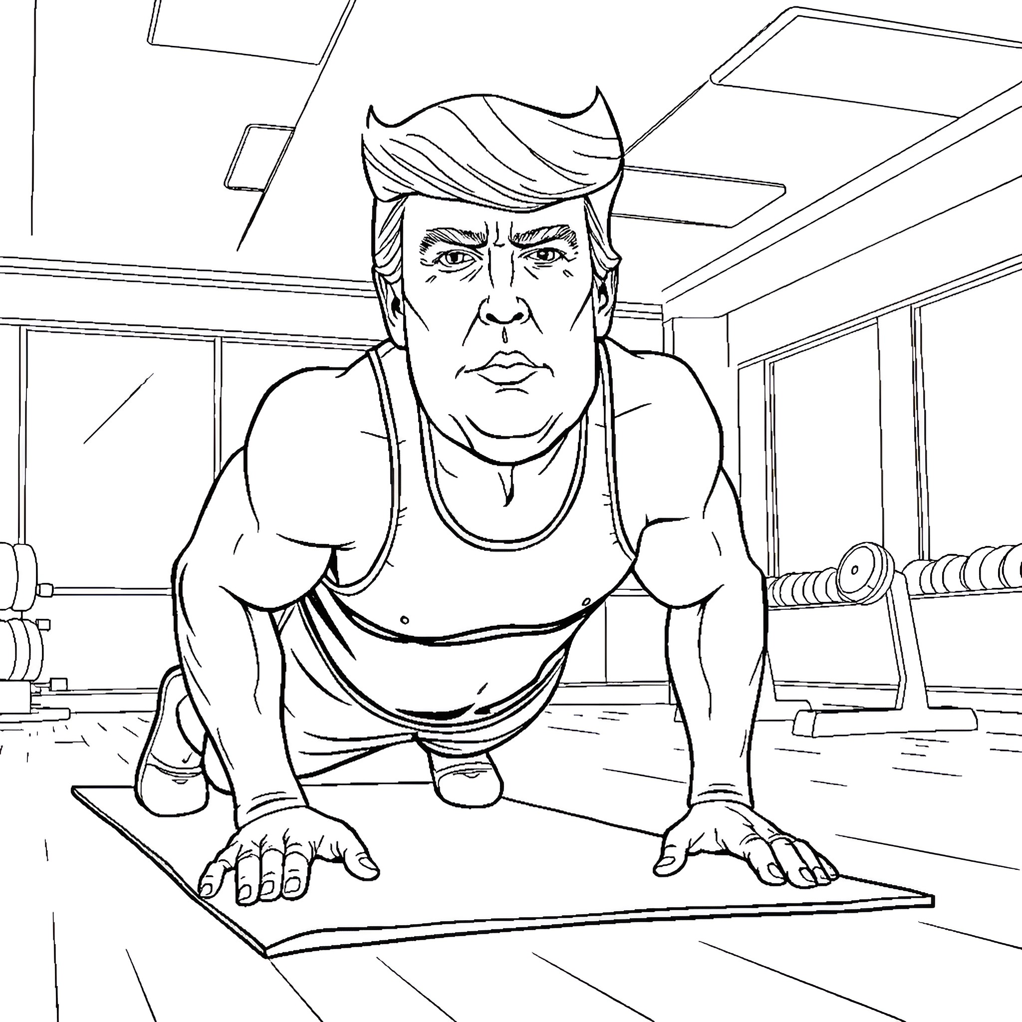 Donald Trump Exercising Intensely in the Gym Coloring Page (free black-and-white line drawing printable PDF for all, from beginners to advanced learners, including children, teens, adults, and seniors)