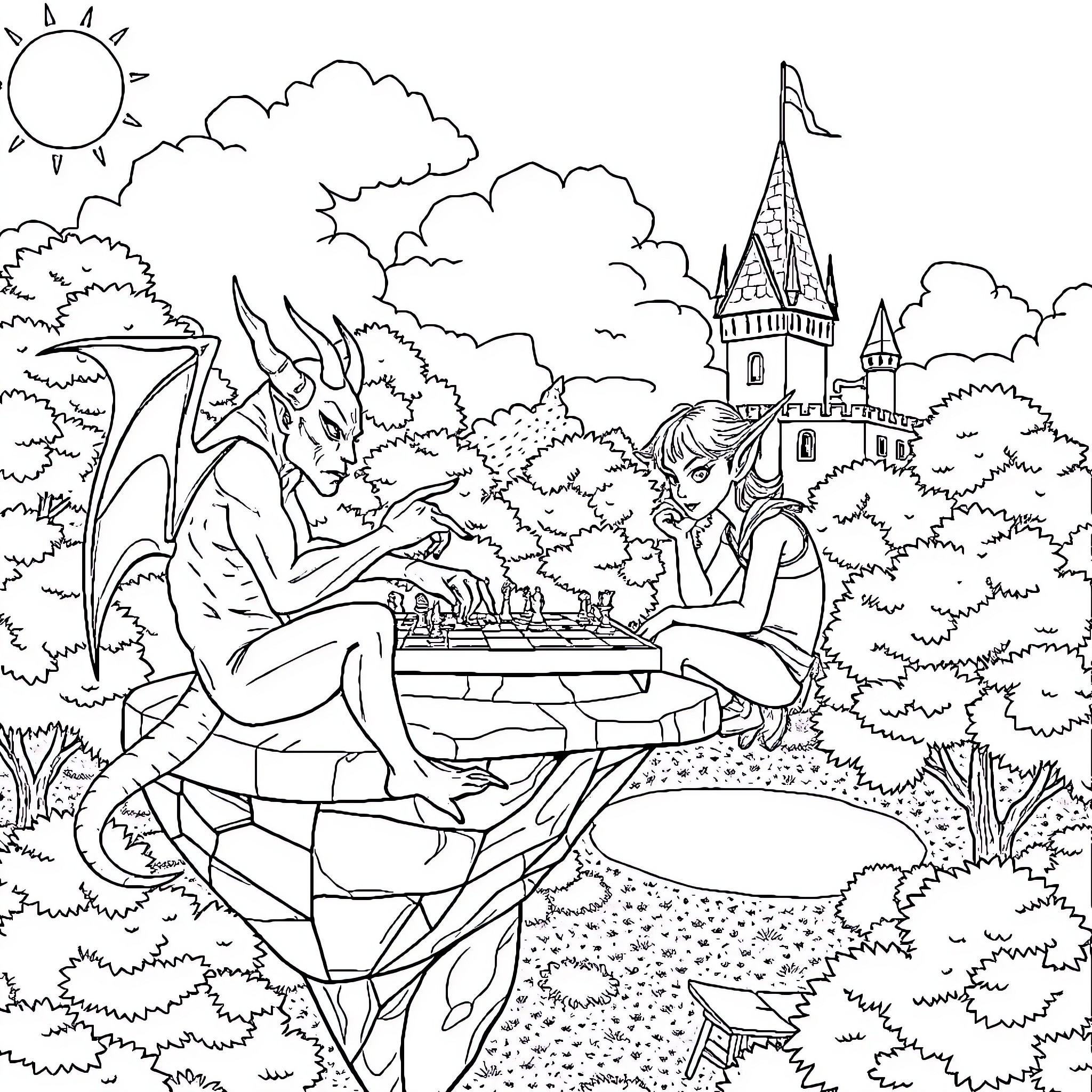 Elf Demon playing chess with a young noble in a fantasy landscape Coloring Page (free black-and-white line drawing printable PDF for all, from beginners to advanced learners, including children, teens, adults, and seniors)