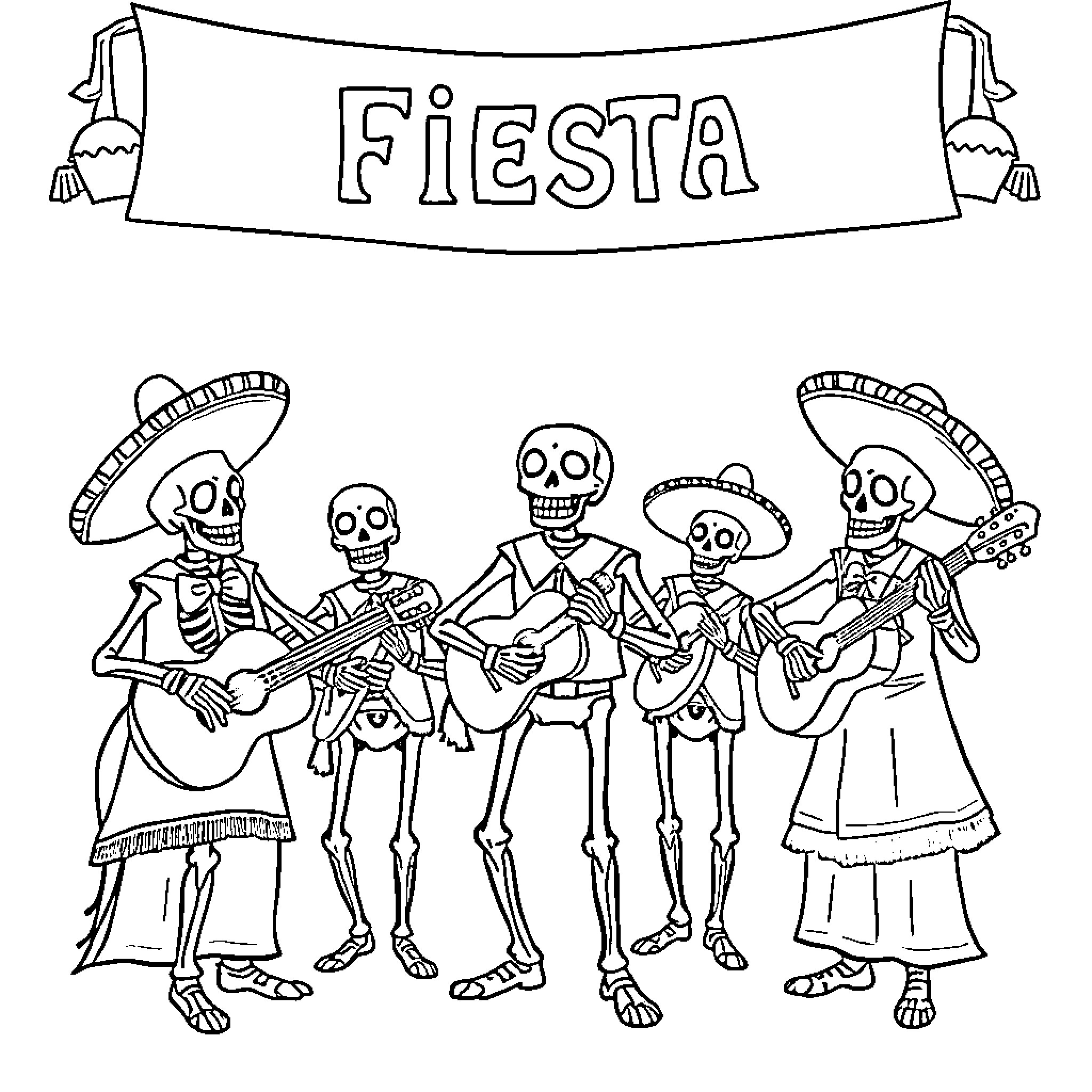 Skeleton Musicians Playing at a Fiesta Coloring Page (free black-and-white line drawing printable PDF for all, from beginners to advanced learners, including children, teens, adults, and seniors)