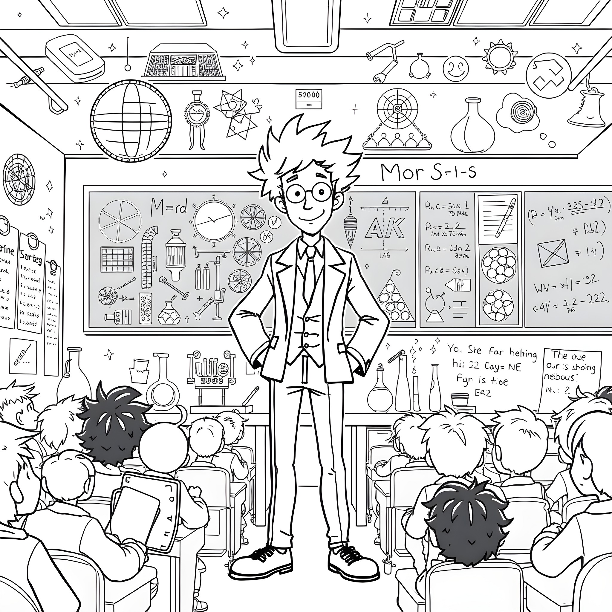 Spike Spiegel teaching a science class Coloring Page (free black-and-white line drawing printable PDF for all, from beginners to advanced learners, including children, teens, adults, and seniors)
