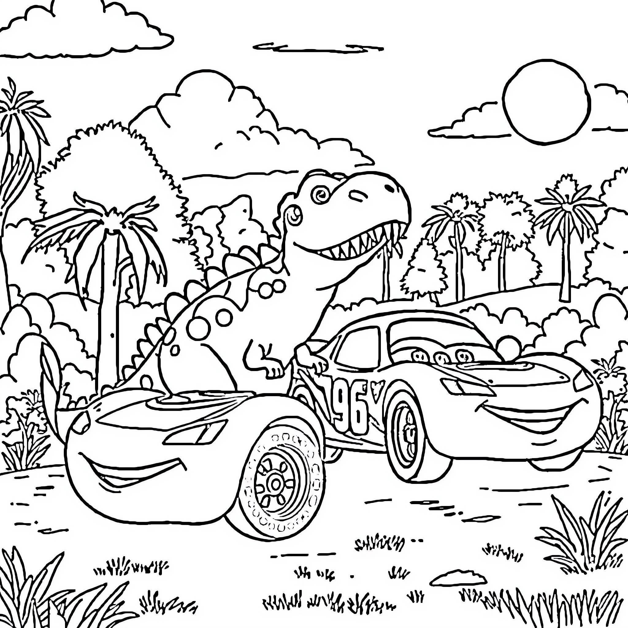 Dinosaur drives a race car in tropical paradise Coloring Page (free black-and-white line drawing printable PDF for all, from beginners to advanced learners, including children, teens, adults, and seniors)