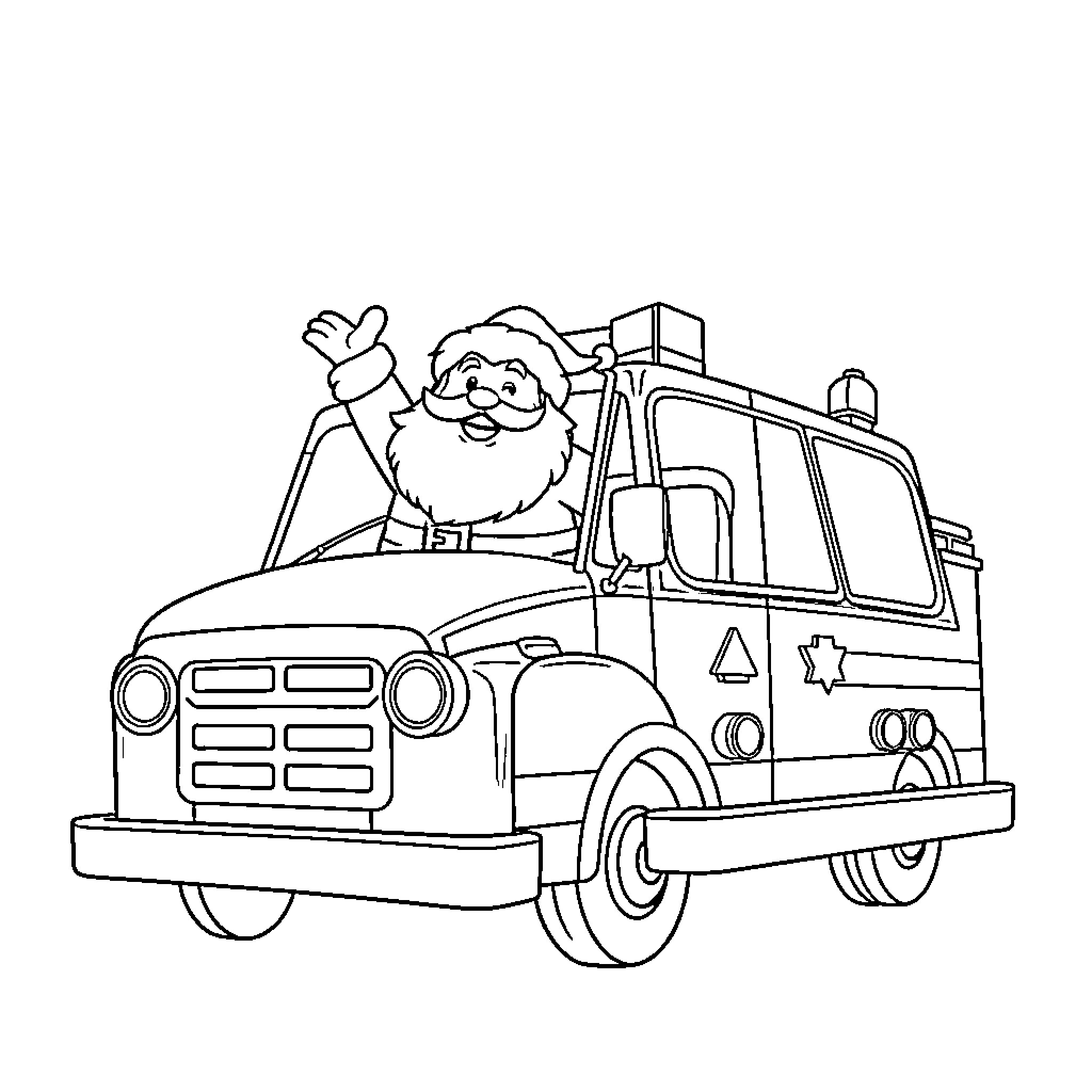 Santa Claus driving a toy delivery truck Coloring Page (free black-and-white line drawing printable PDF for all, from beginners to advanced learners, including children, teens, adults, and seniors)