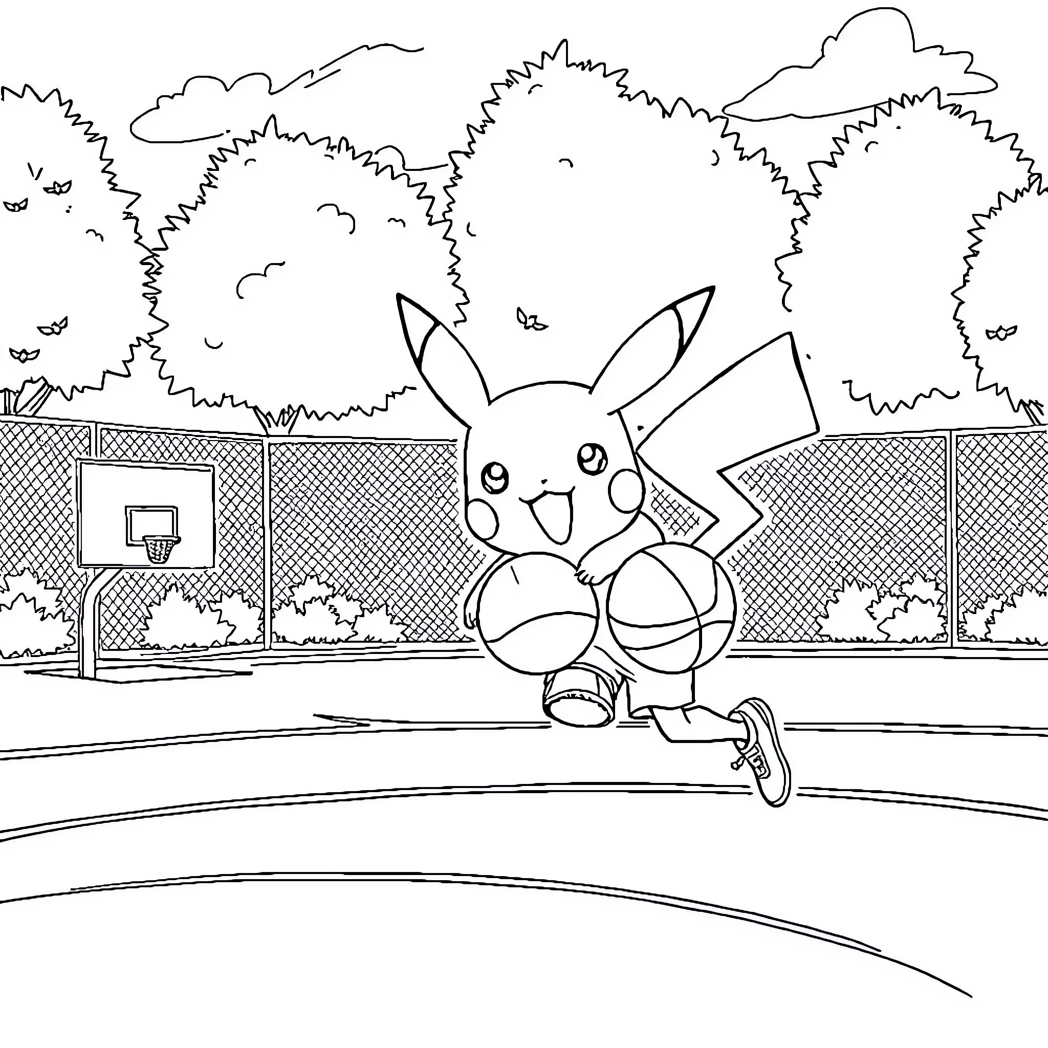 Ash playing happily in the basketball court Coloring Page (free black-and-white line drawing printable PDF for all, from beginners to advanced learners, including children, teens, adults, and seniors)