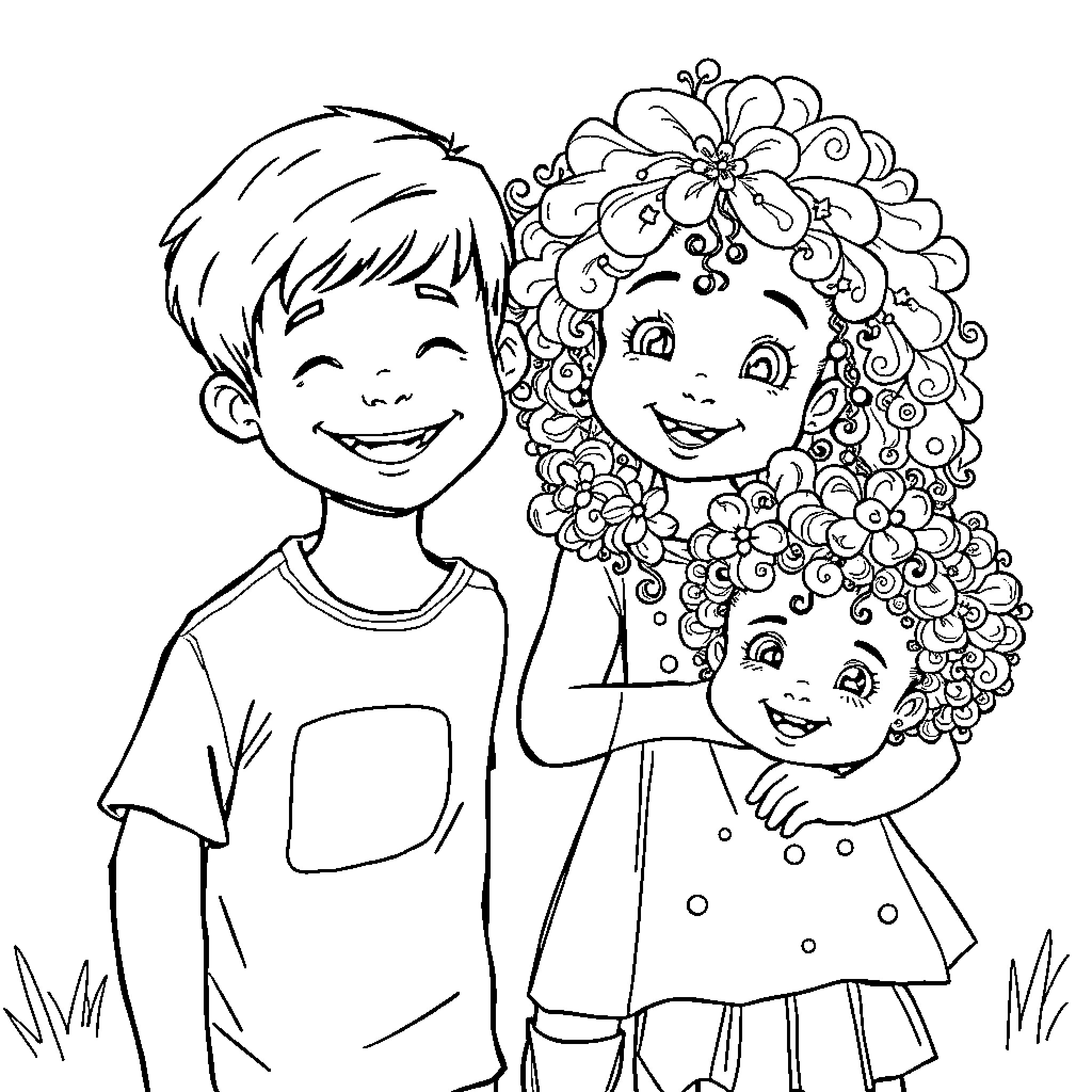 Child friends laughing happily together Coloring Page (free black-and-white line drawing printable PDF for all, from beginners to advanced learners, including children, teens, adults, and seniors)