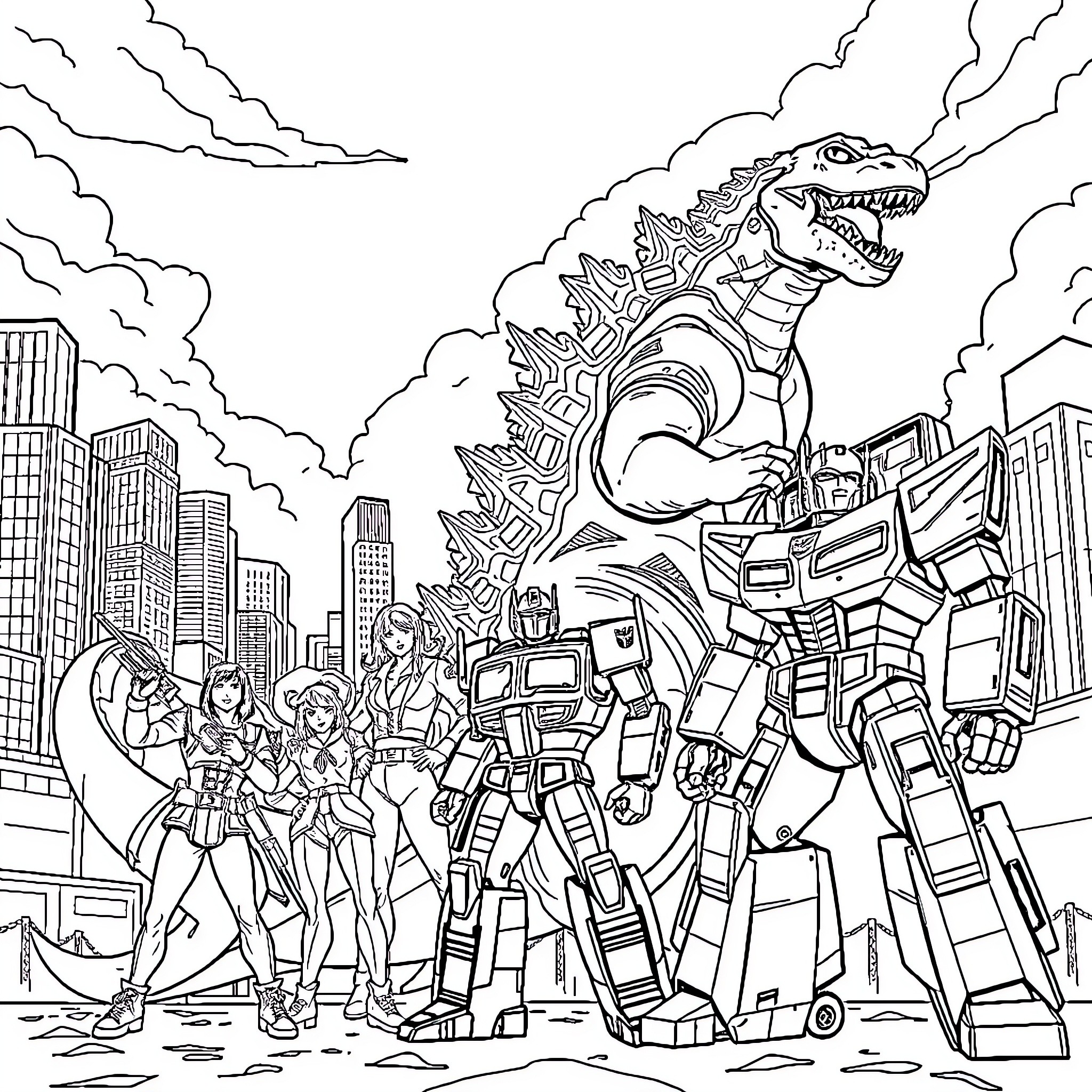 Godzilla attacks futuristic city with heroes Coloring Page (free black-and-white line drawing printable PDF for all, from beginners to advanced learners, including children, teens, adults, and seniors)