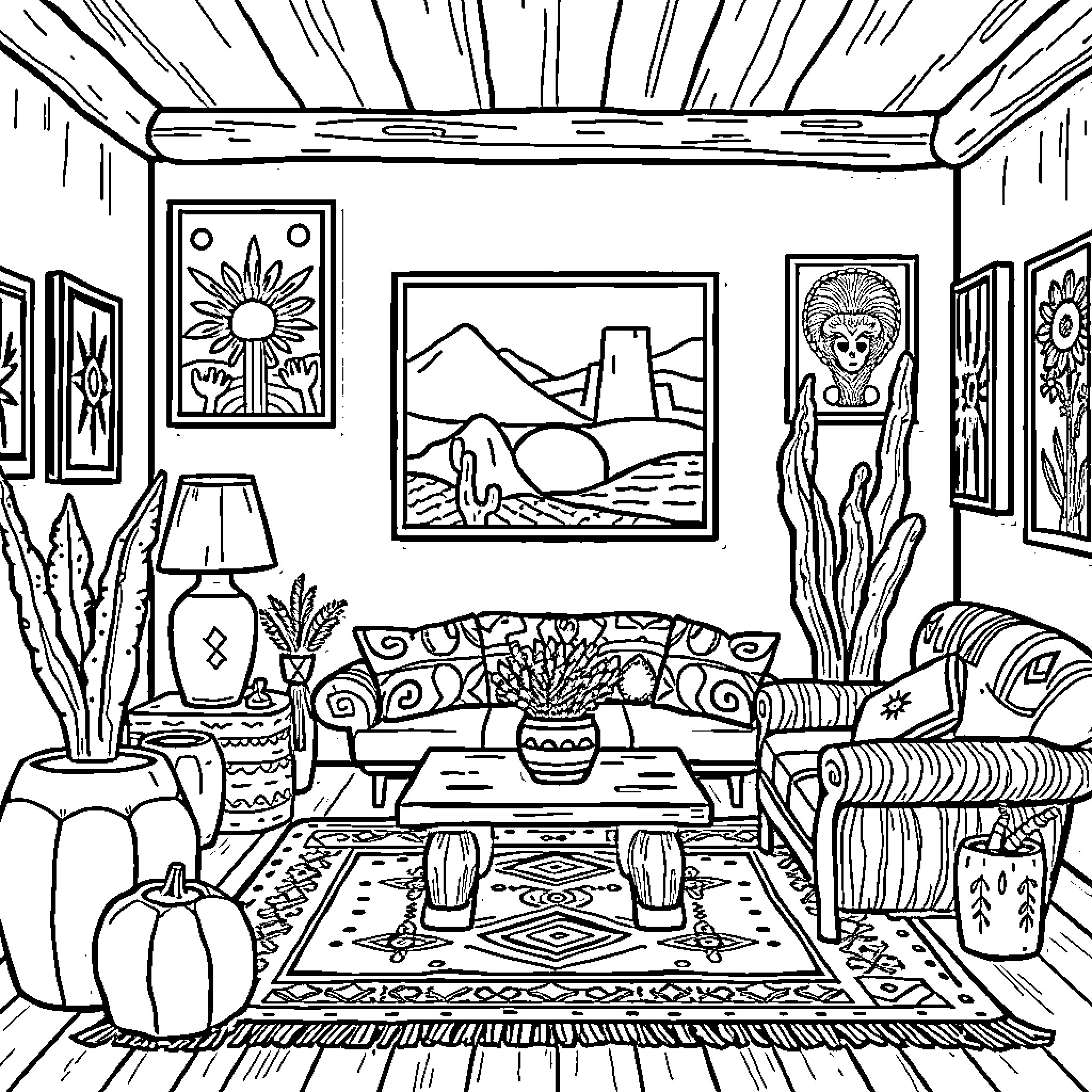 New Mexico Cozy Living Room with Southwest Decor Coloring Page (free black-and-white line drawing printable PDF for all, from beginners to advanced learners, including children, teens, adults, and seniors)