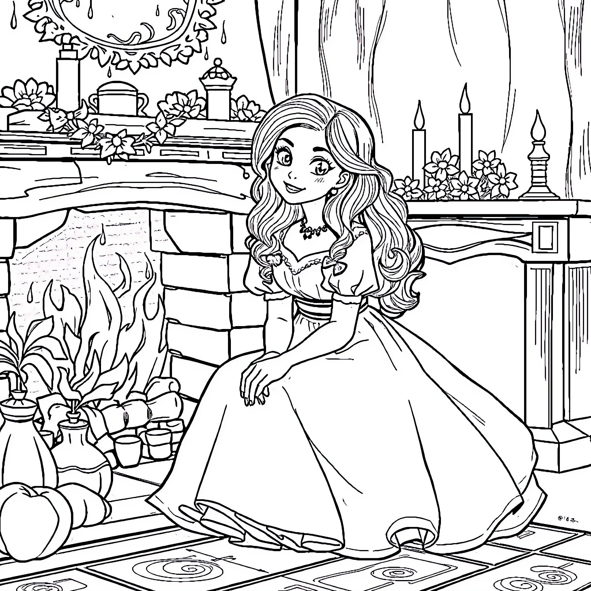 Cinderella in the Fireplace Room with Candles and Flowers Coloring Page (free black-and-white line drawing printable PDF for all, from beginners to advanced learners, including children, teens, adults, and seniors)