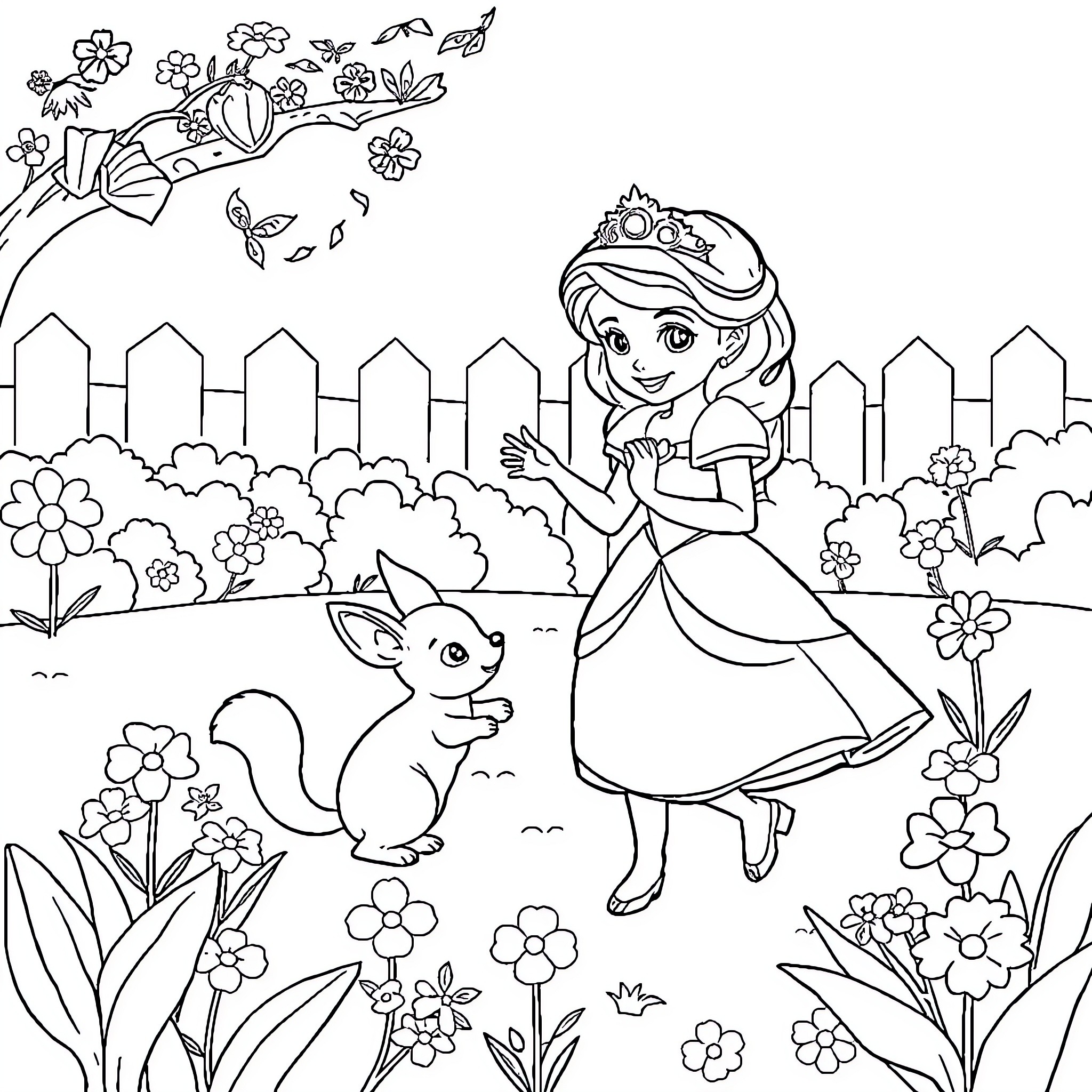 Sofia's Playful Garden Adventure Coloring Page (free black-and-white line drawing printable PDF for all, from beginners to advanced learners, including children, teens, adults, and seniors)
