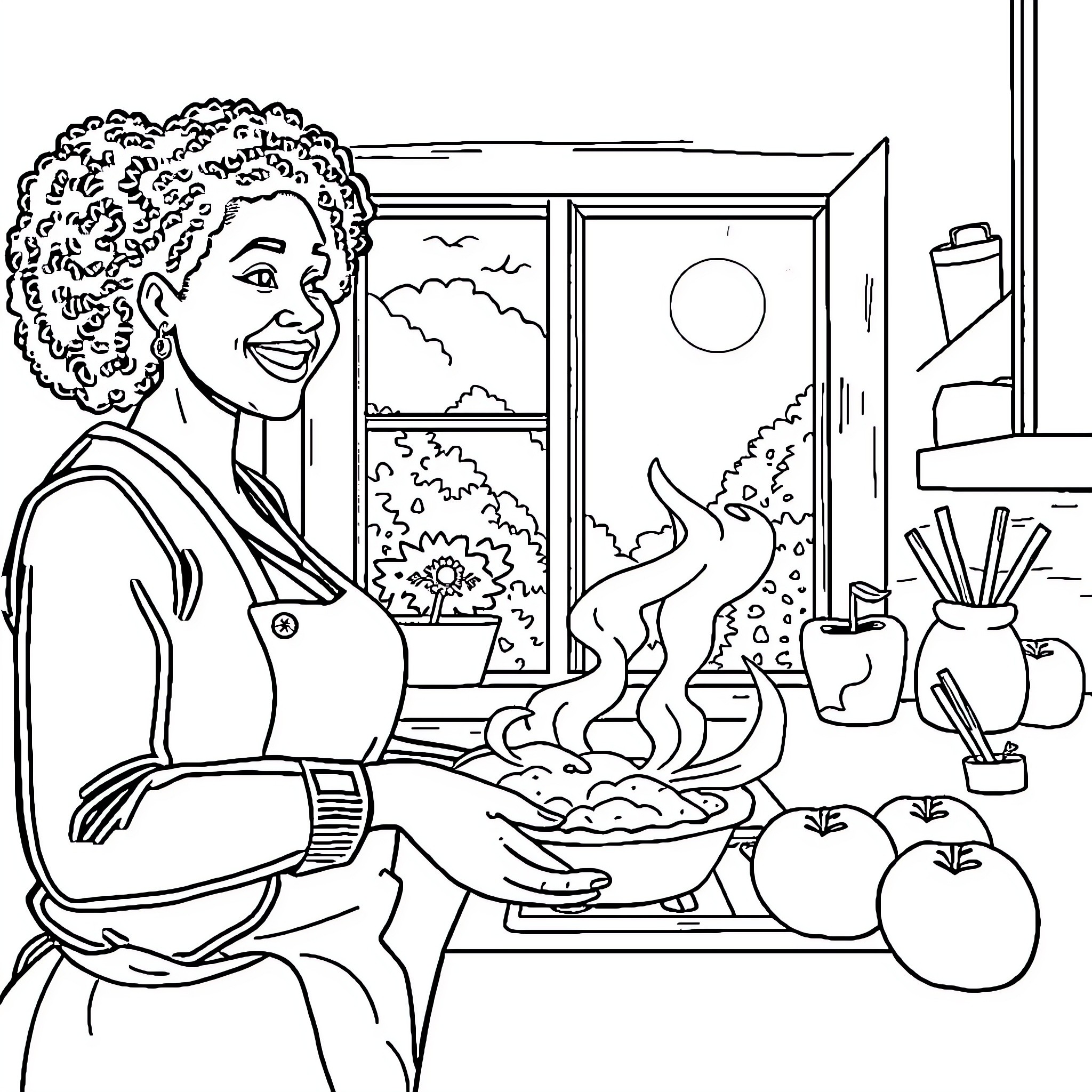 Woman Cooking a Meal in the Kitchen Coloring Page (free black-and-white line drawing printable PDF for all, from beginners to advanced learners, including children, teens, adults, and seniors)