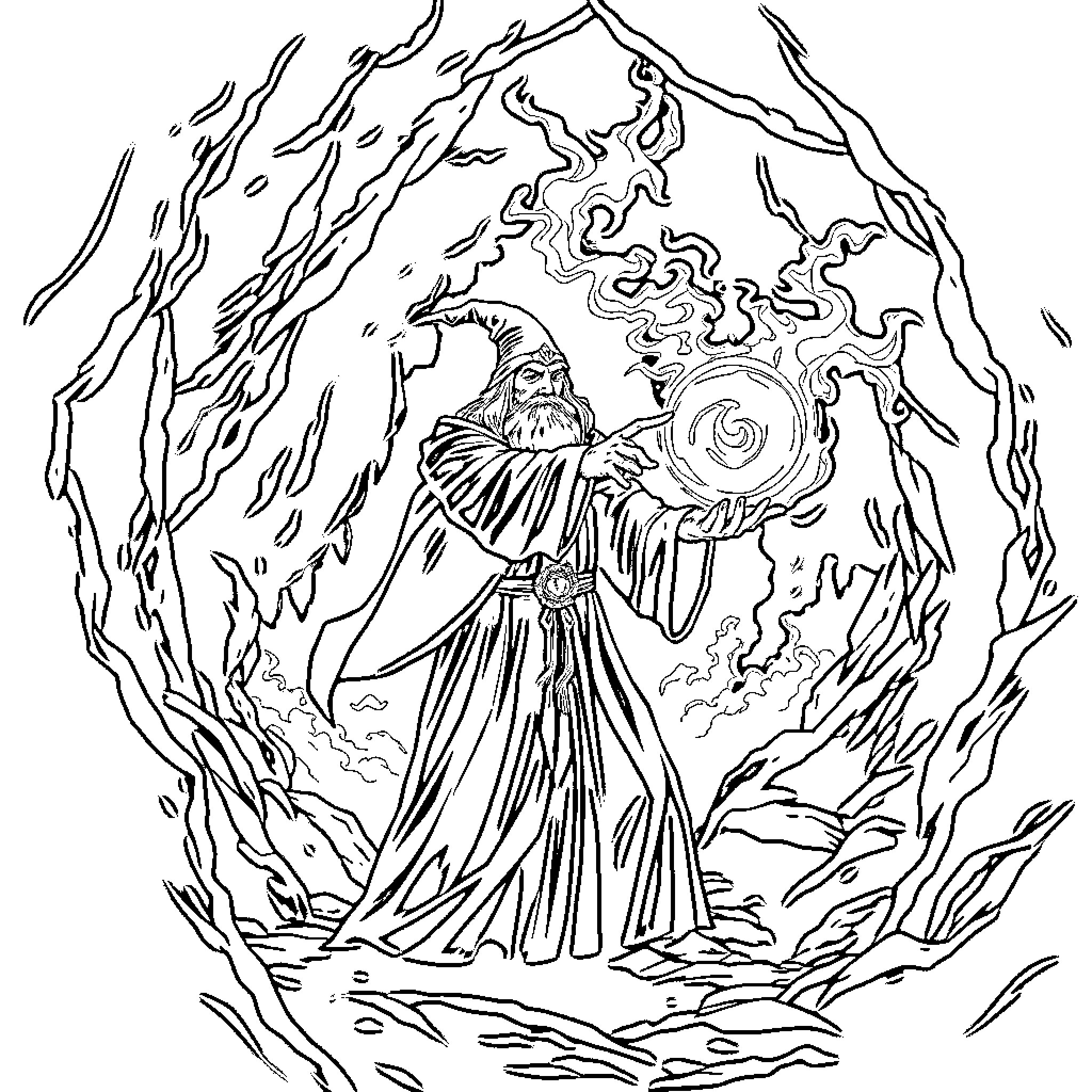 Wizard casting powerful spell in mystic landscape Coloring Page (free black-and-white line drawing printable PDF for all, from beginners to advanced learners, including children, teens, adults, and seniors)