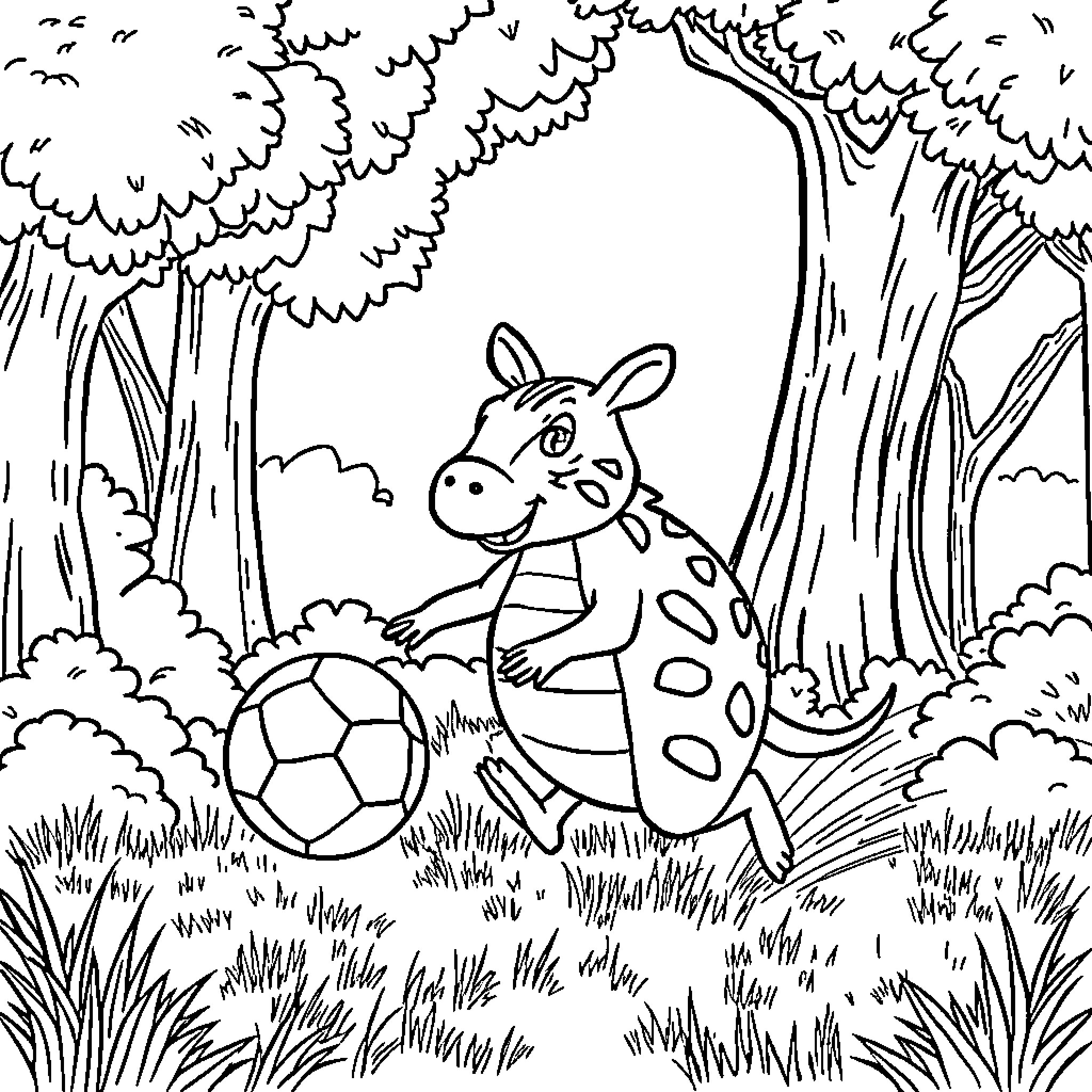Capybara playing with soccer ball in the forest Coloring Page (free black-and-white line drawing printable PDF for all, from beginners to advanced learners, including children, teens, adults, and seniors)
