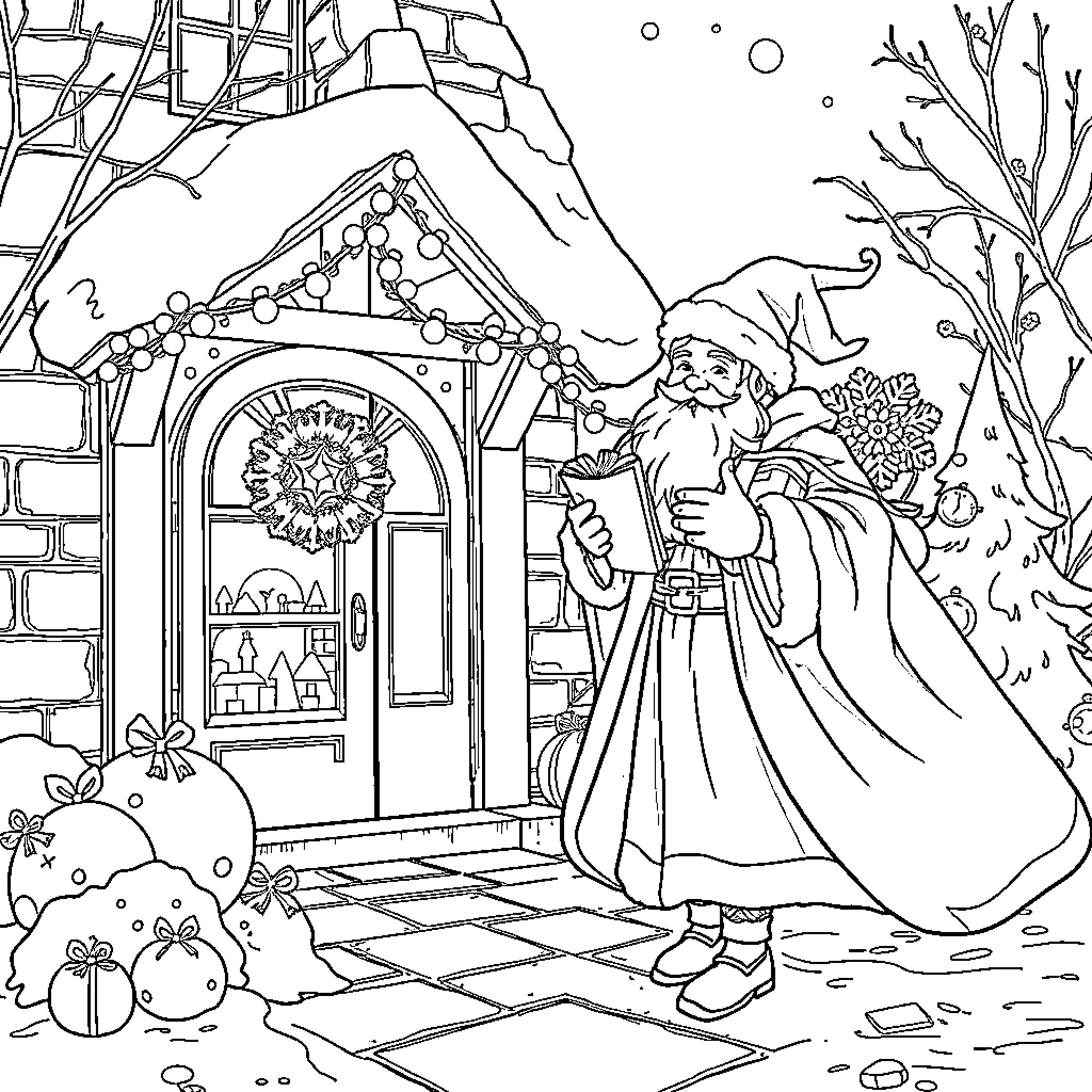 St Nicholas Welcoming Guests to Holiday Cottage Coloring Page (free black-and-white line drawing printable PDF for all, from beginners to advanced learners, including children, teens, adults, and seniors)