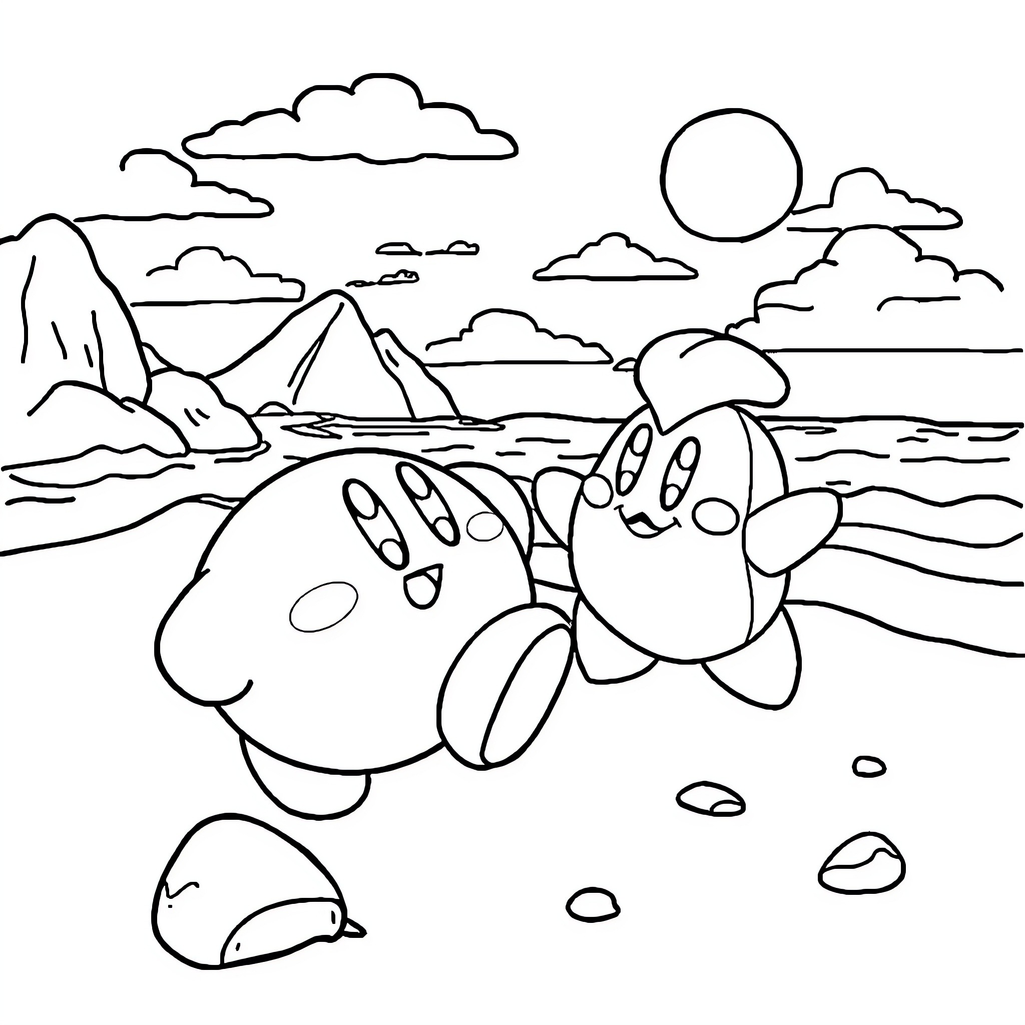 Kirby enjoying a peaceful day by the ocean Coloring Page (free black-and-white line drawing printable PDF for all, from beginners to advanced learners, including children, teens, adults, and seniors)