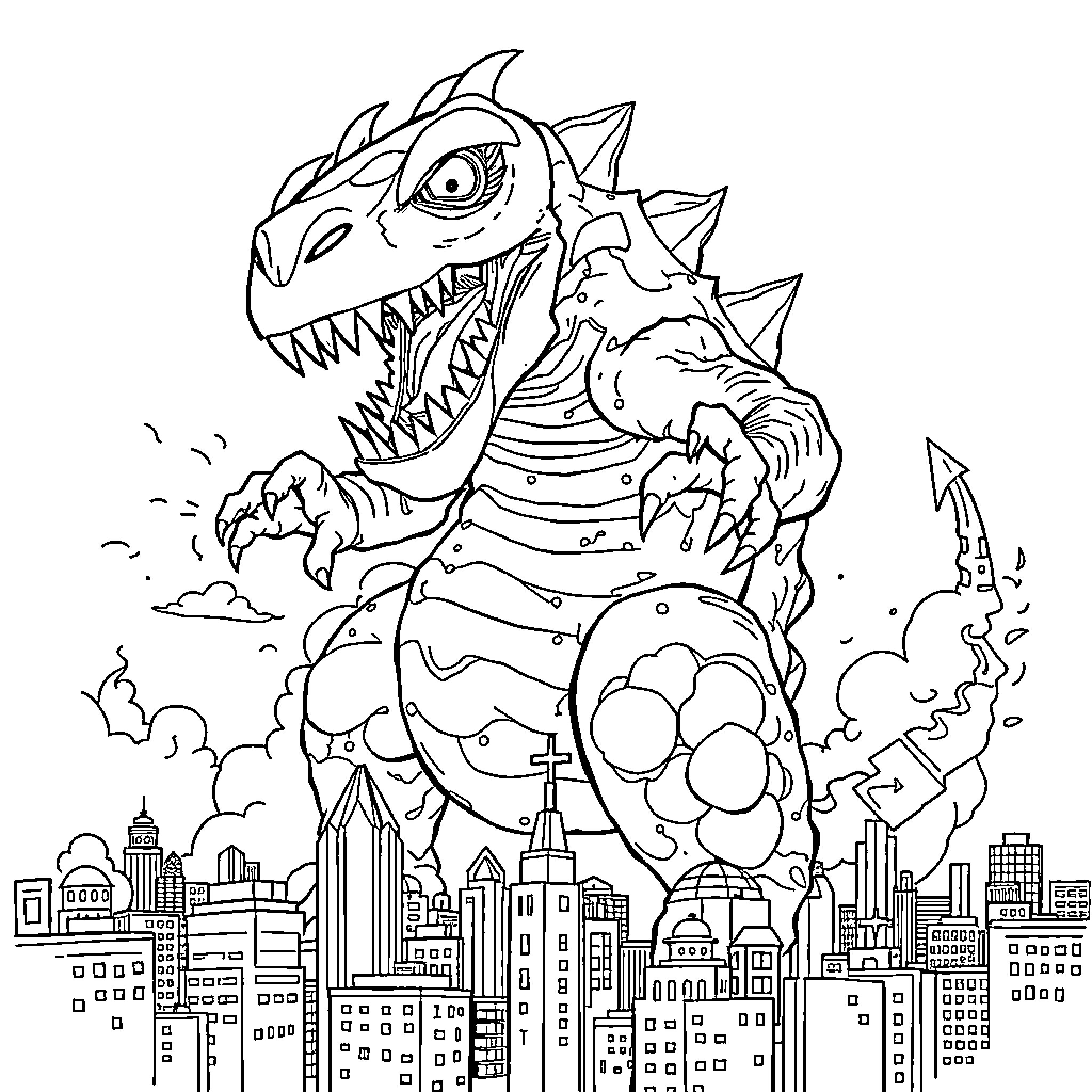 AirPod monster stomping through the city Coloring Page (free black-and-white line drawing printable PDF for all, from beginners to advanced learners, including children, teens, adults, and seniors)