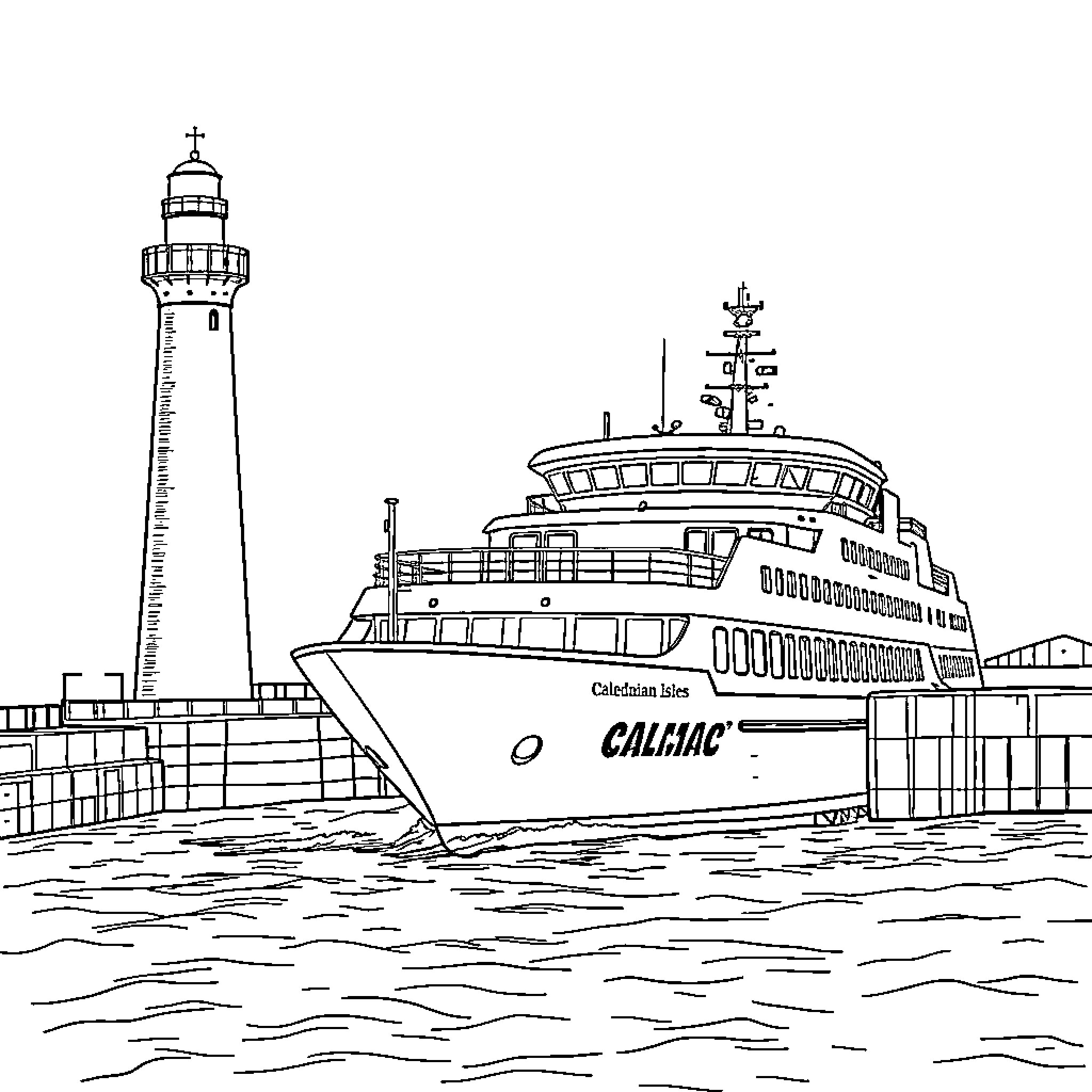 Ferry carrying passengers on the water with lighthouse Coloring Page (free black-and-white line drawing printable PDF for all, from beginners to advanced learners, including children, teens, adults, and seniors)