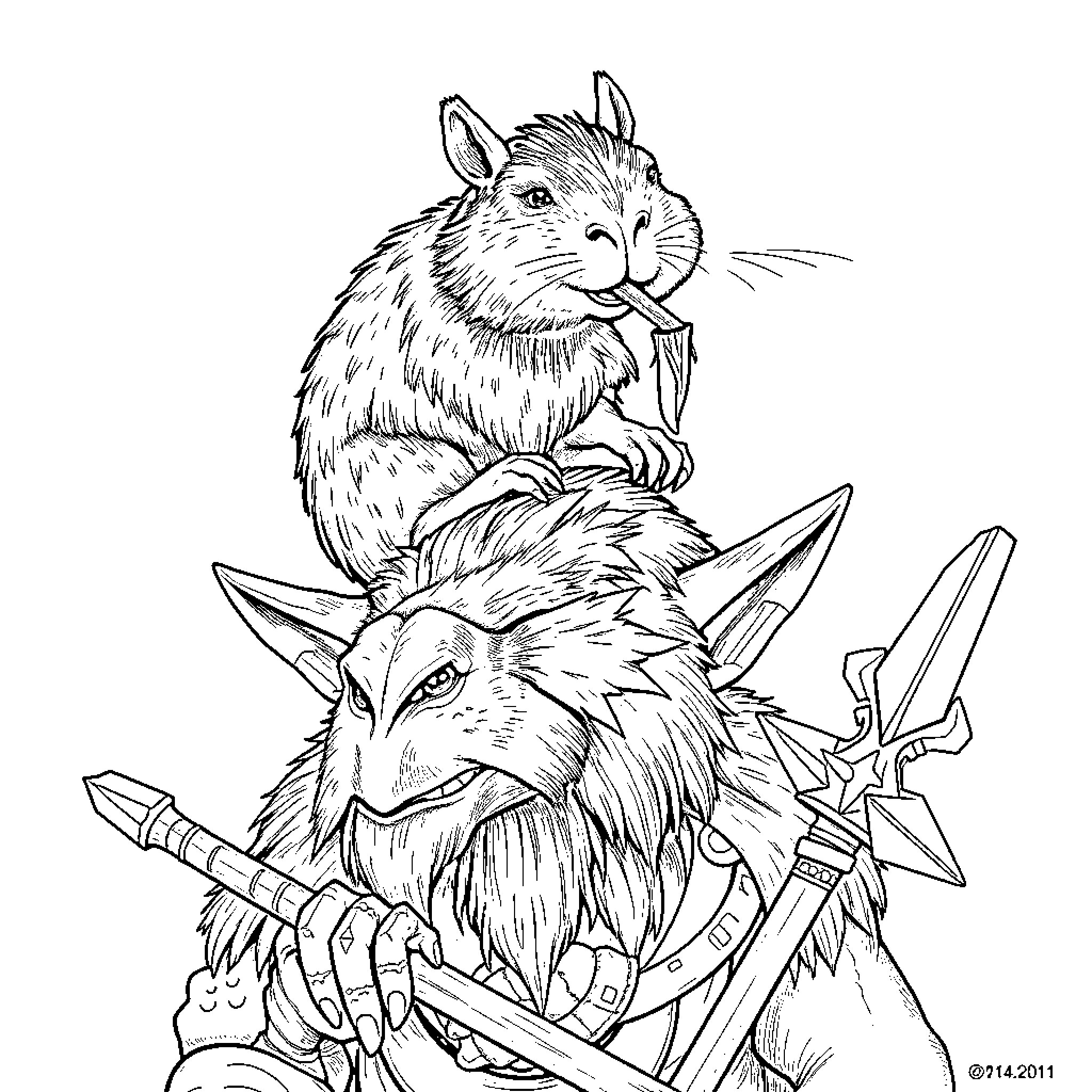 Capybara riding a ferocious beast with swords Coloring Page (free black-and-white line drawing printable PDF for all, from beginners to advanced learners, including children, teens, adults, and seniors)