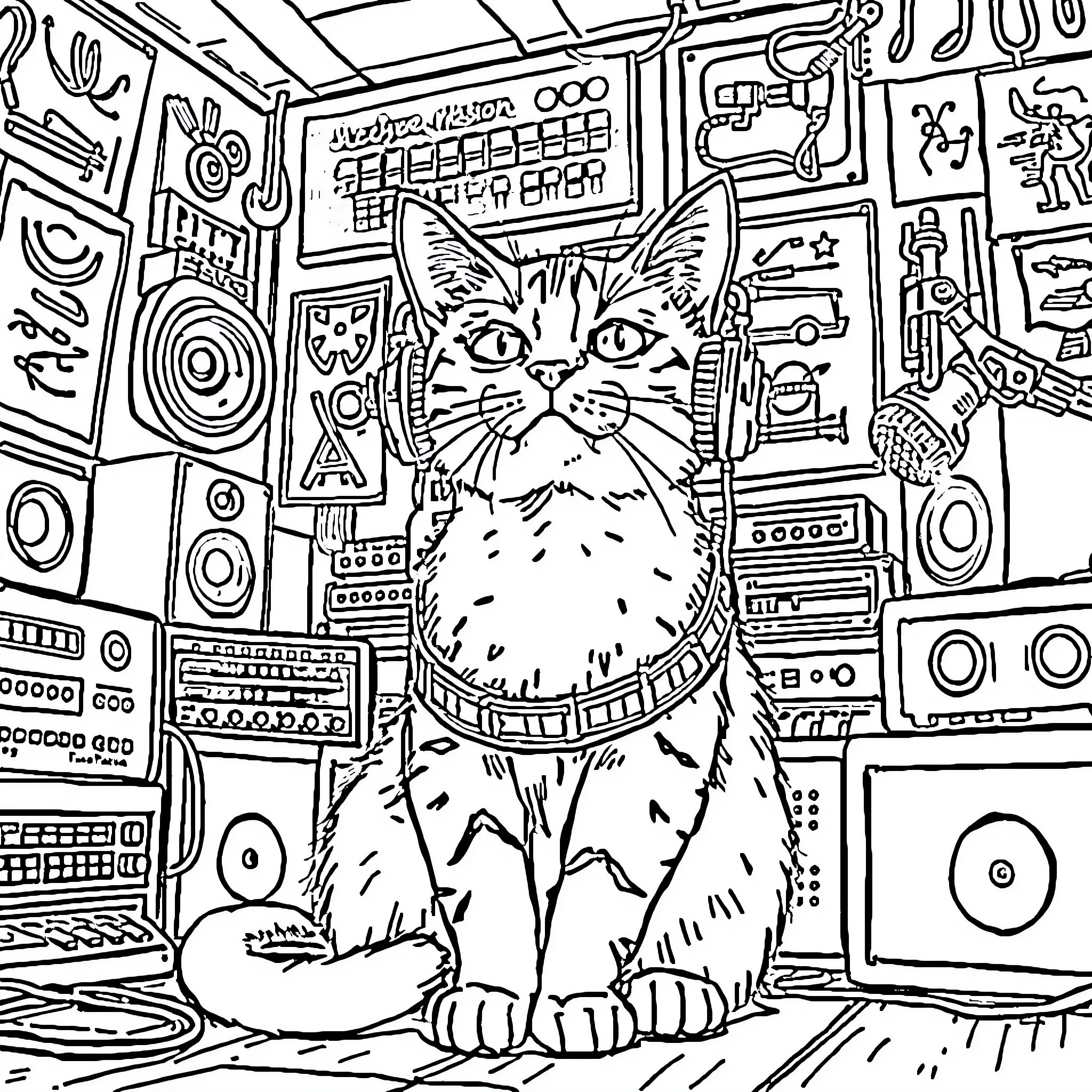 Cat in a Messy Electronic Room Coloring Page (free black-and-white line drawing printable PDF for all, from beginners to advanced learners, including children, teens, adults, and seniors)