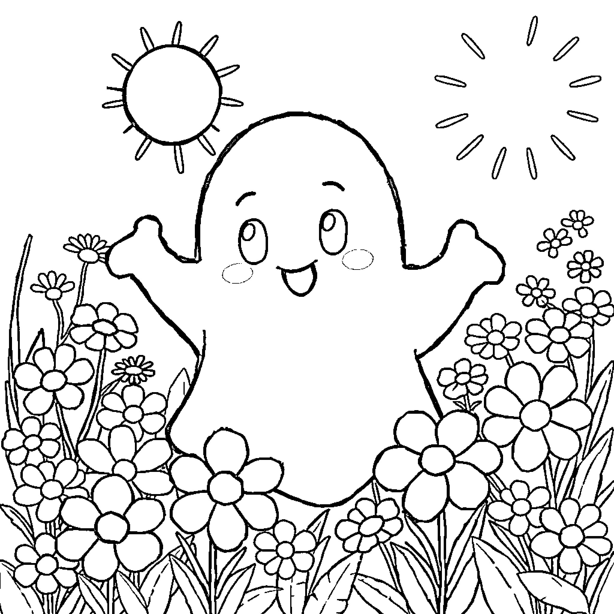 Ghost playing happily in the flower garden Coloring Page (free black-and-white line drawing printable PDF for all, from beginners to advanced learners, including children, teens, adults, and seniors)