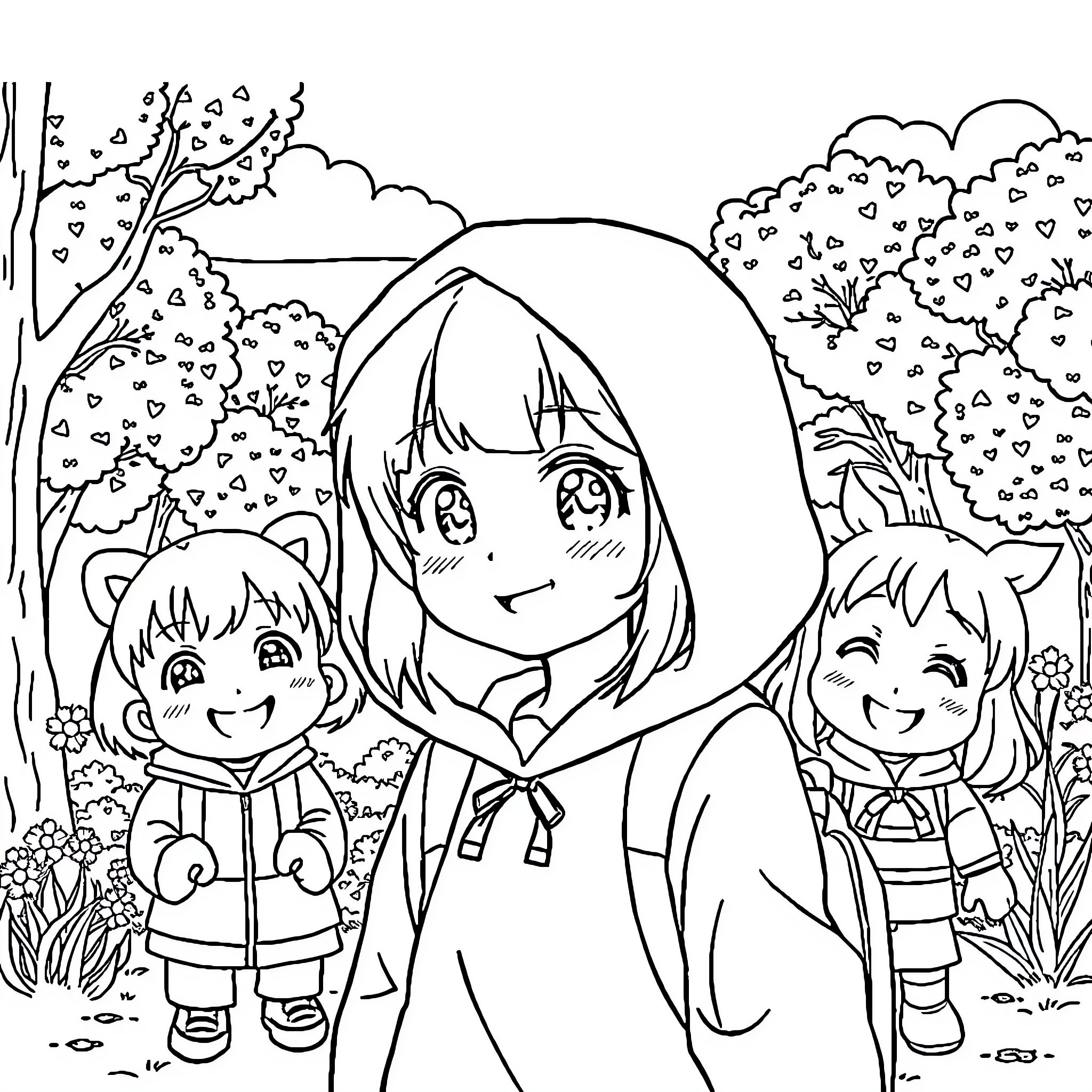 Kuromi and friends explore the enchanted garden Coloring Page (free black-and-white line drawing printable PDF for all, from beginners to advanced learners, including children, teens, adults, and seniors)