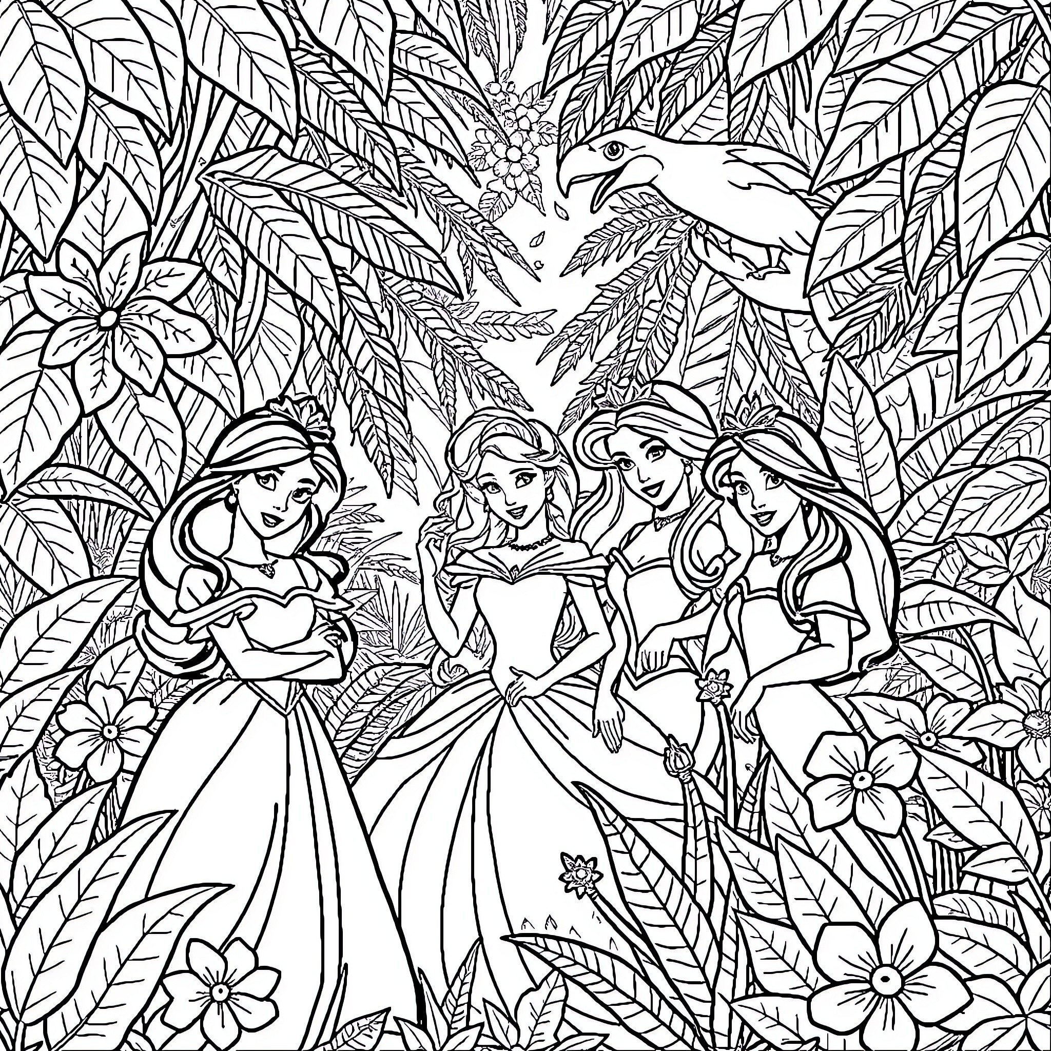 Princess and Friends in Tropical Jungle Garden Coloring Page (free black-and-white line drawing printable PDF for all, from beginners to advanced learners, including children, teens, adults, and seniors)