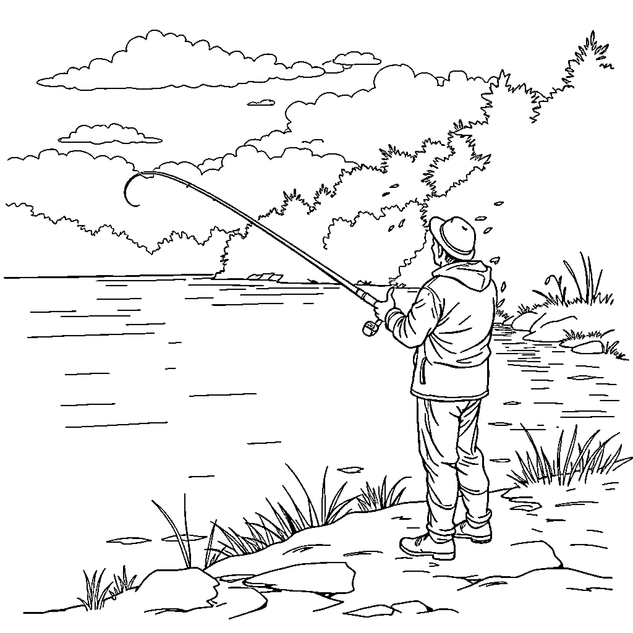Fisher intently fishing at the peaceful lakeside Coloring Page (free black-and-white line drawing printable PDF for all, from beginners to advanced learners, including children, teens, adults, and seniors)