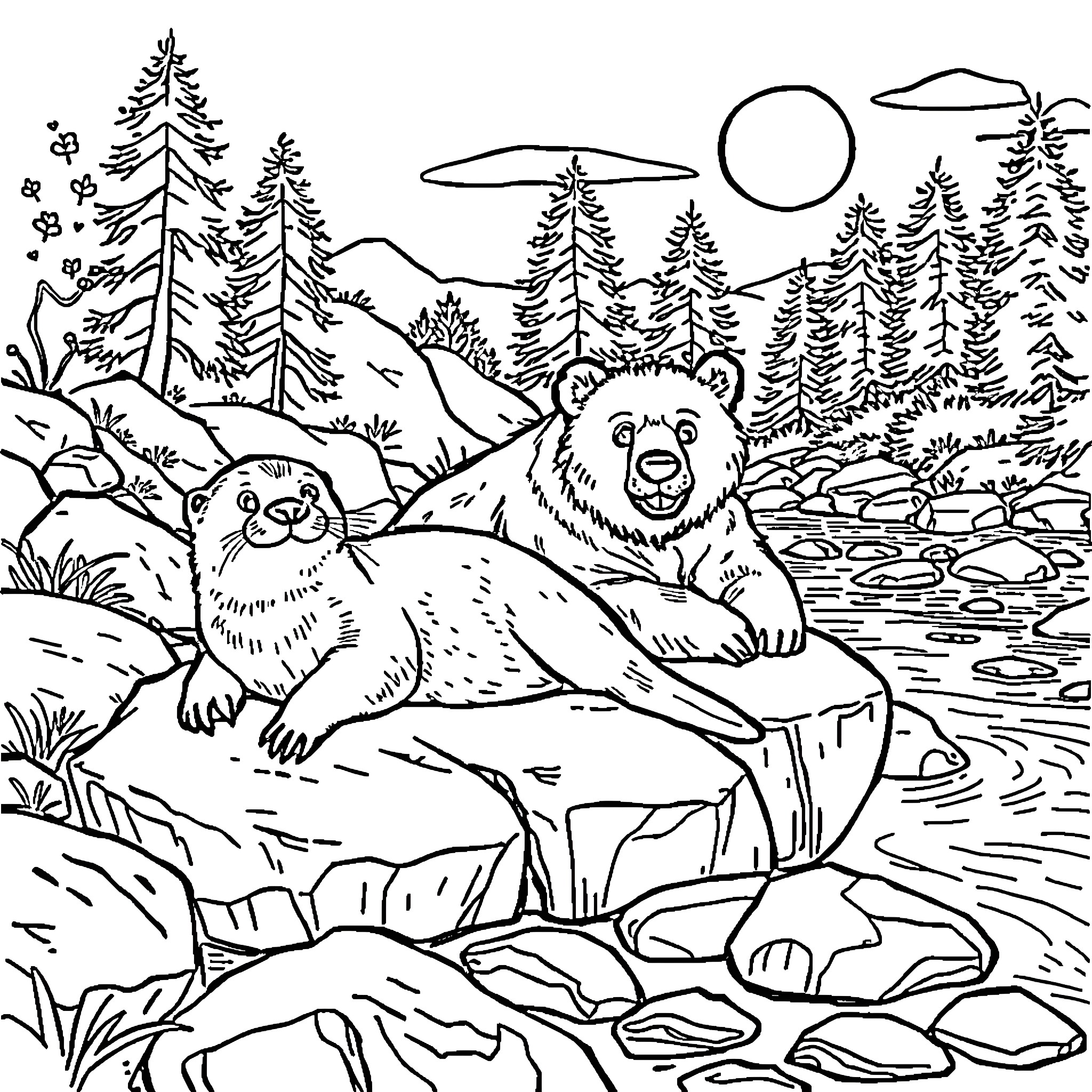 Otters lounging peacefully in a scenic forest landscape Coloring Page (free black-and-white line drawing printable PDF for all, from beginners to advanced learners, including children, teens, adults, and seniors)