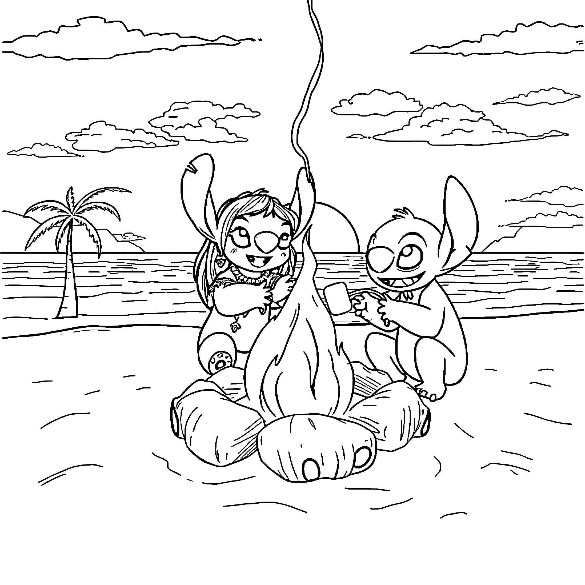 Lilo and Stitch playing on the beach Coloring Page (free black-and-white line drawing printable PDF for all, from beginners to advanced learners, including children, teens, adults, and seniors)