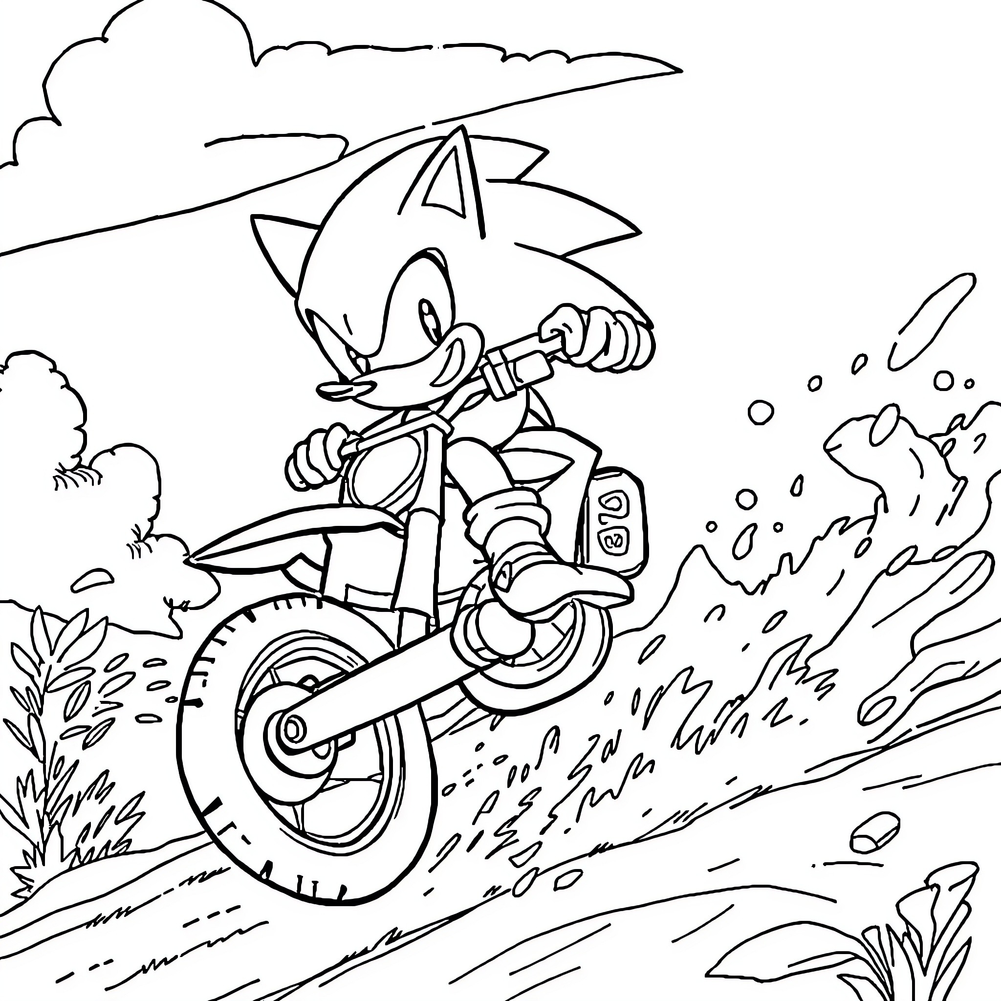 Sonic on a speedy motorcycle ride in the outdoors Coloring Page (free black-and-white line drawing printable PDF for all, from beginners to advanced learners, including children, teens, adults, and seniors)