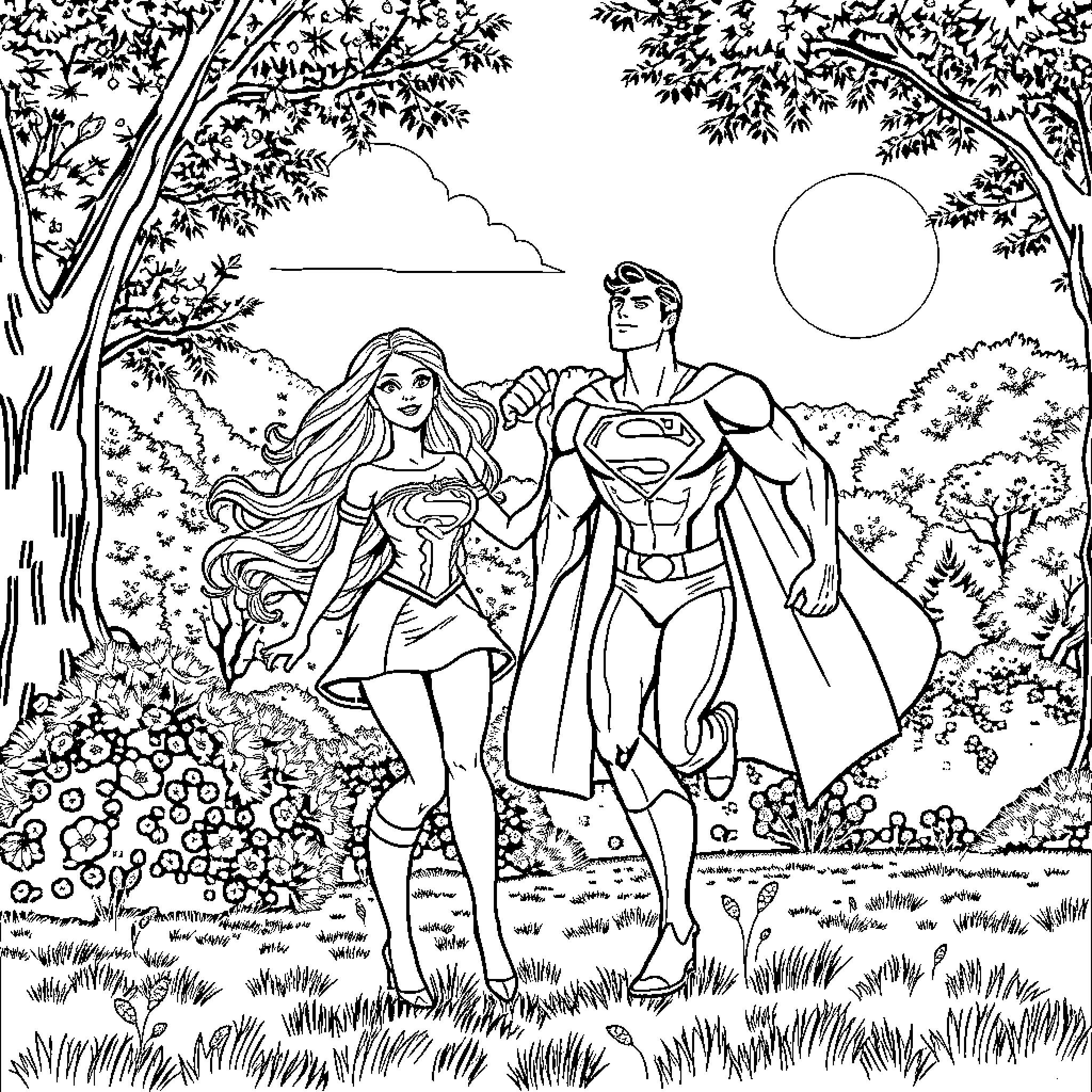 Barbie and Superman in a Romantic Outdoor Scene Coloring Page (free black-and-white line drawing printable PDF for all, from beginners to advanced learners, including children, teens, adults, and seniors)