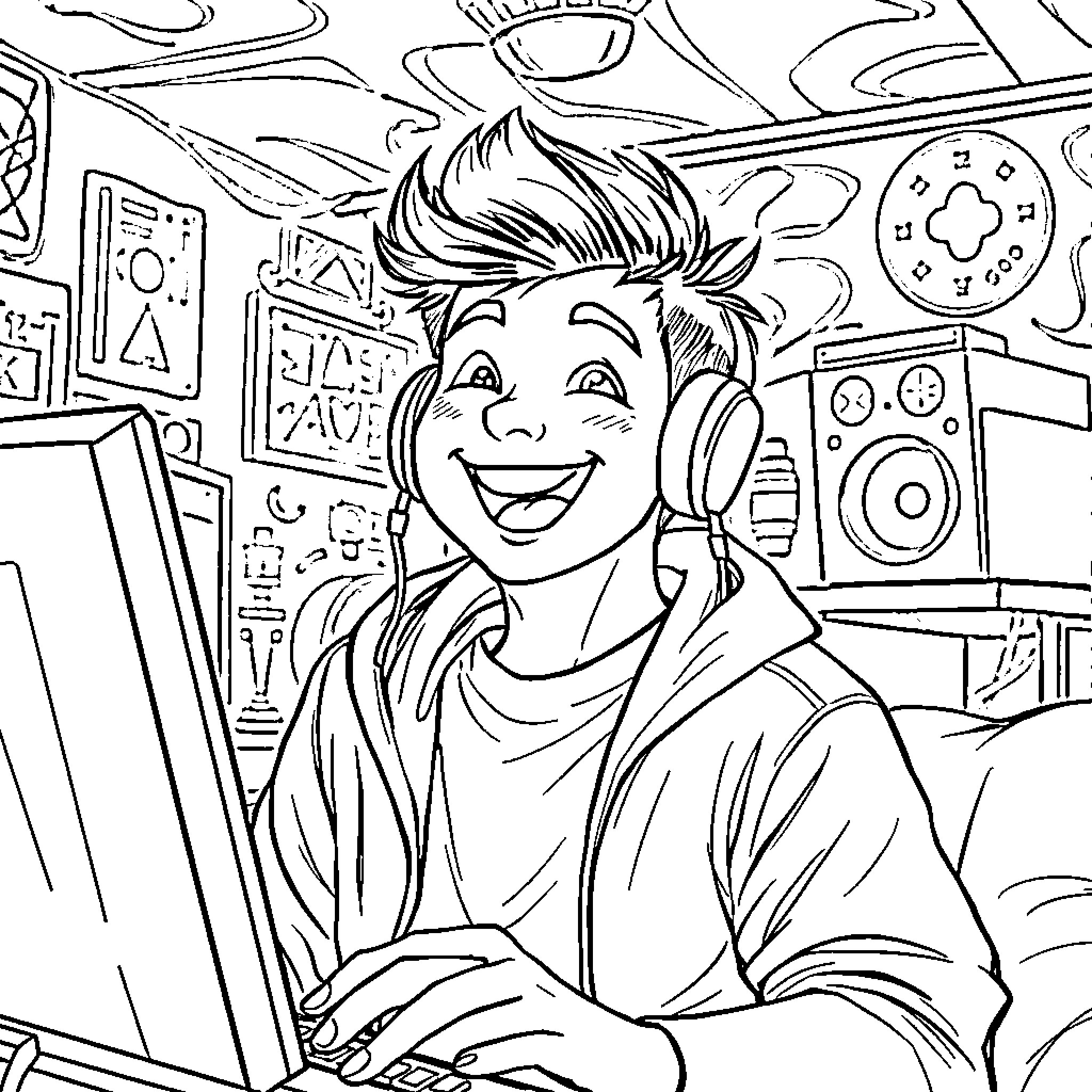 Kai Cenat gaming in his cozy studio Coloring Page (free black-and-white line drawing printable PDF for all, from beginners to advanced learners, including children, teens, adults, and seniors)