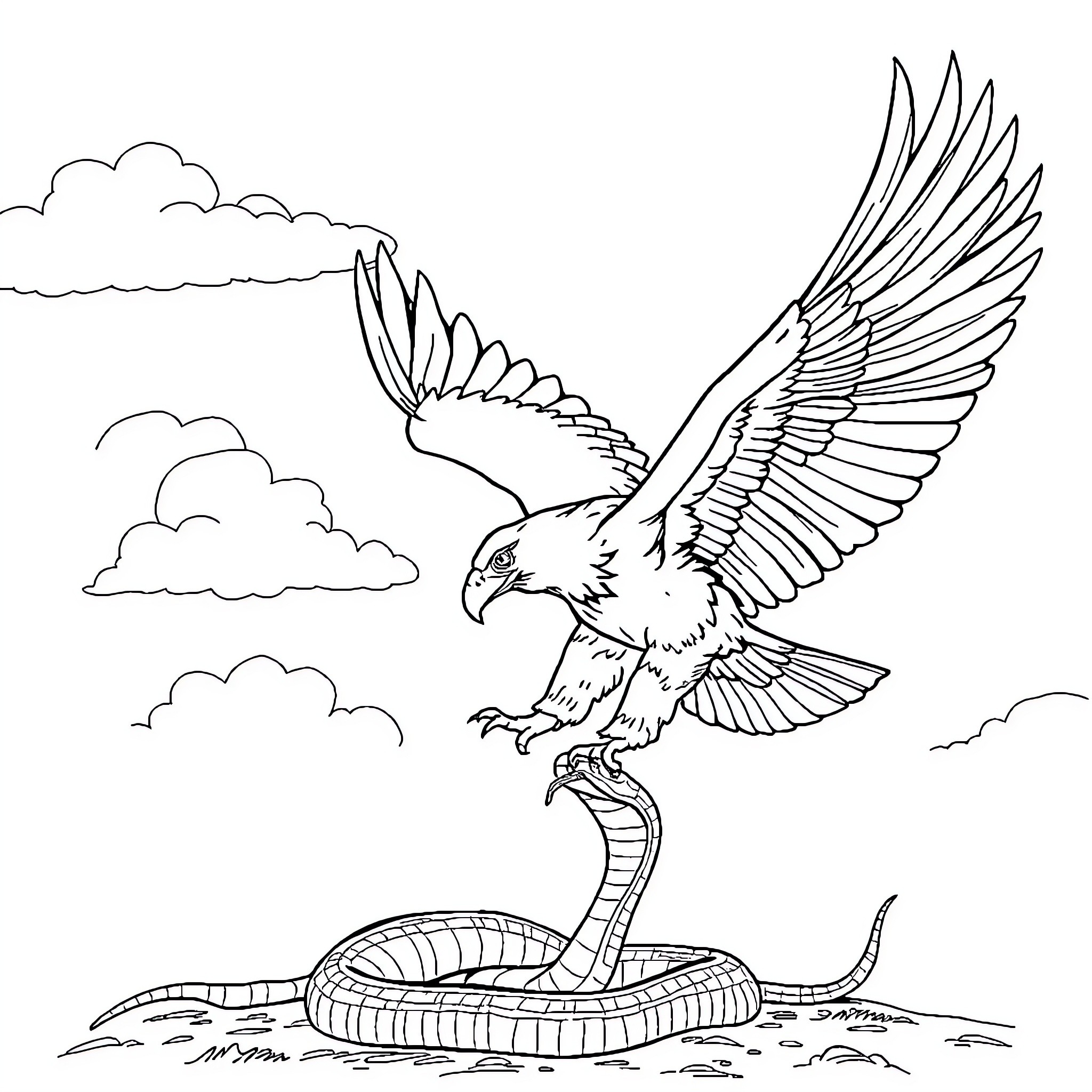 Eagle Soaring over Snake on the Ground Coloring Page (free black-and-white line drawing printable PDF for all, from beginners to advanced learners, including children, teens, adults, and seniors)