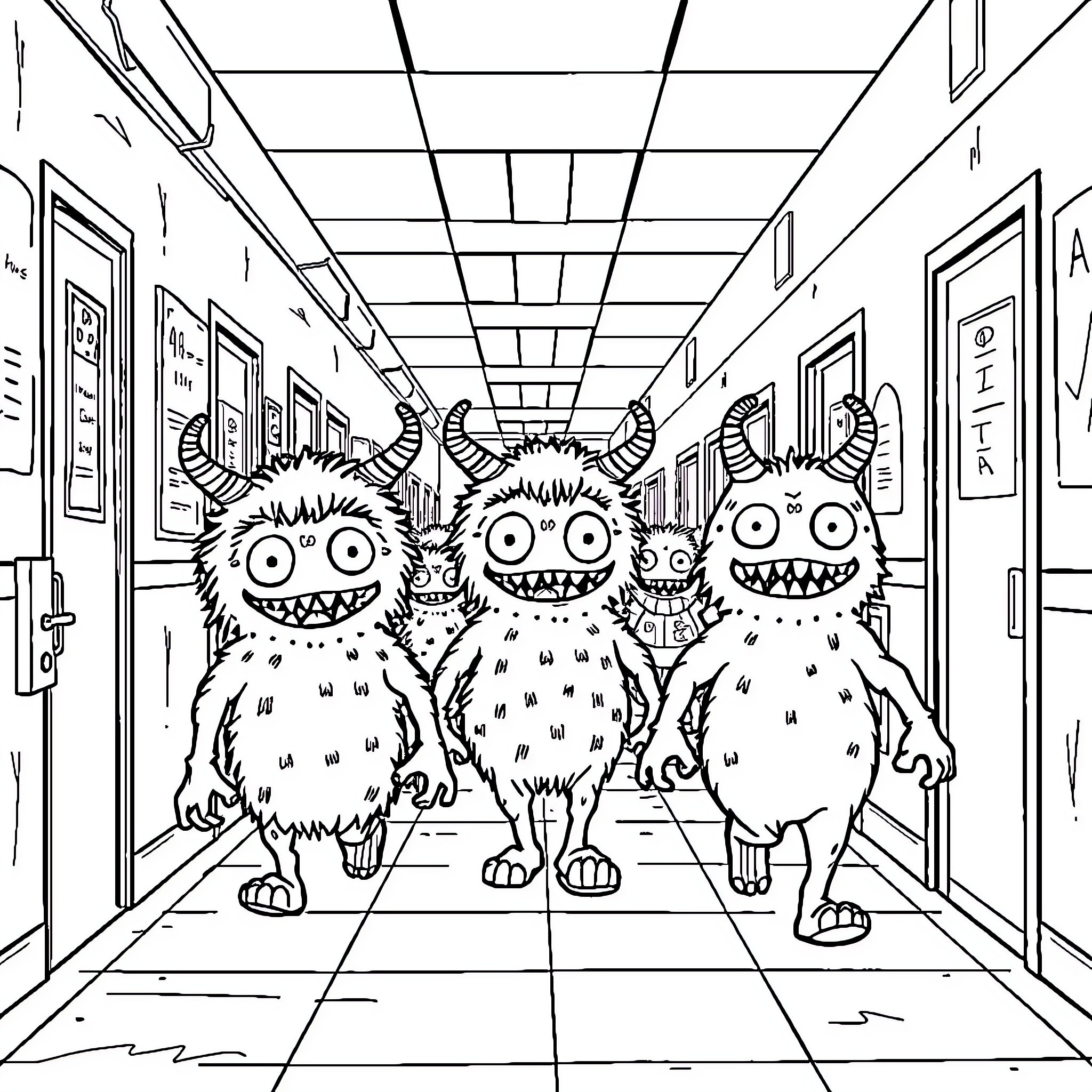 Labubu Monster creatures in the school hallway Coloring Page (free black-and-white line drawing printable PDF for all, from beginners to advanced learners, including children, teens, adults, and seniors)