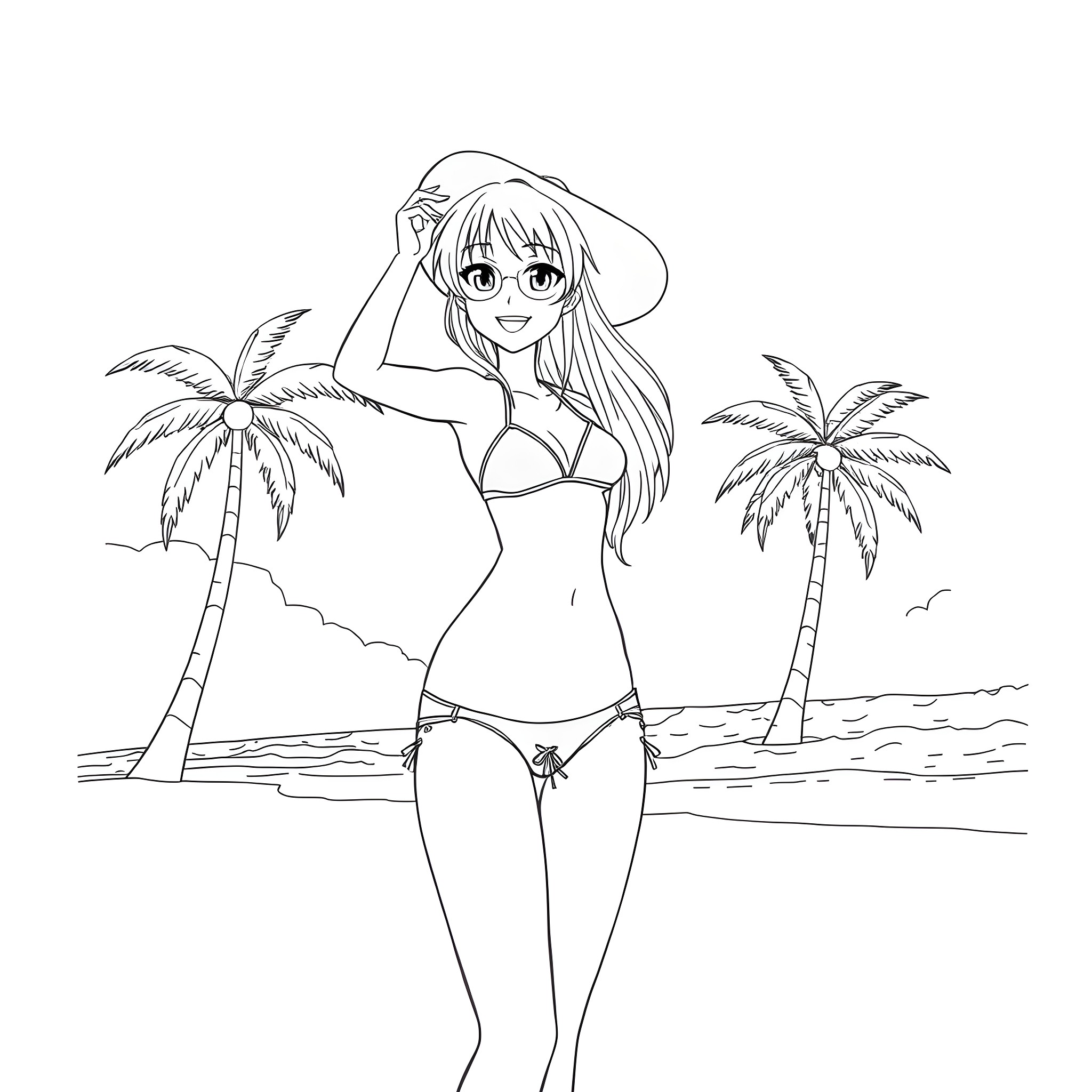 Anime Girl Enjoying Tropical Beach Scenery Coloring Page (free black-and-white line drawing printable PDF for all, from beginners to advanced learners, including children, teens, adults, and seniors)