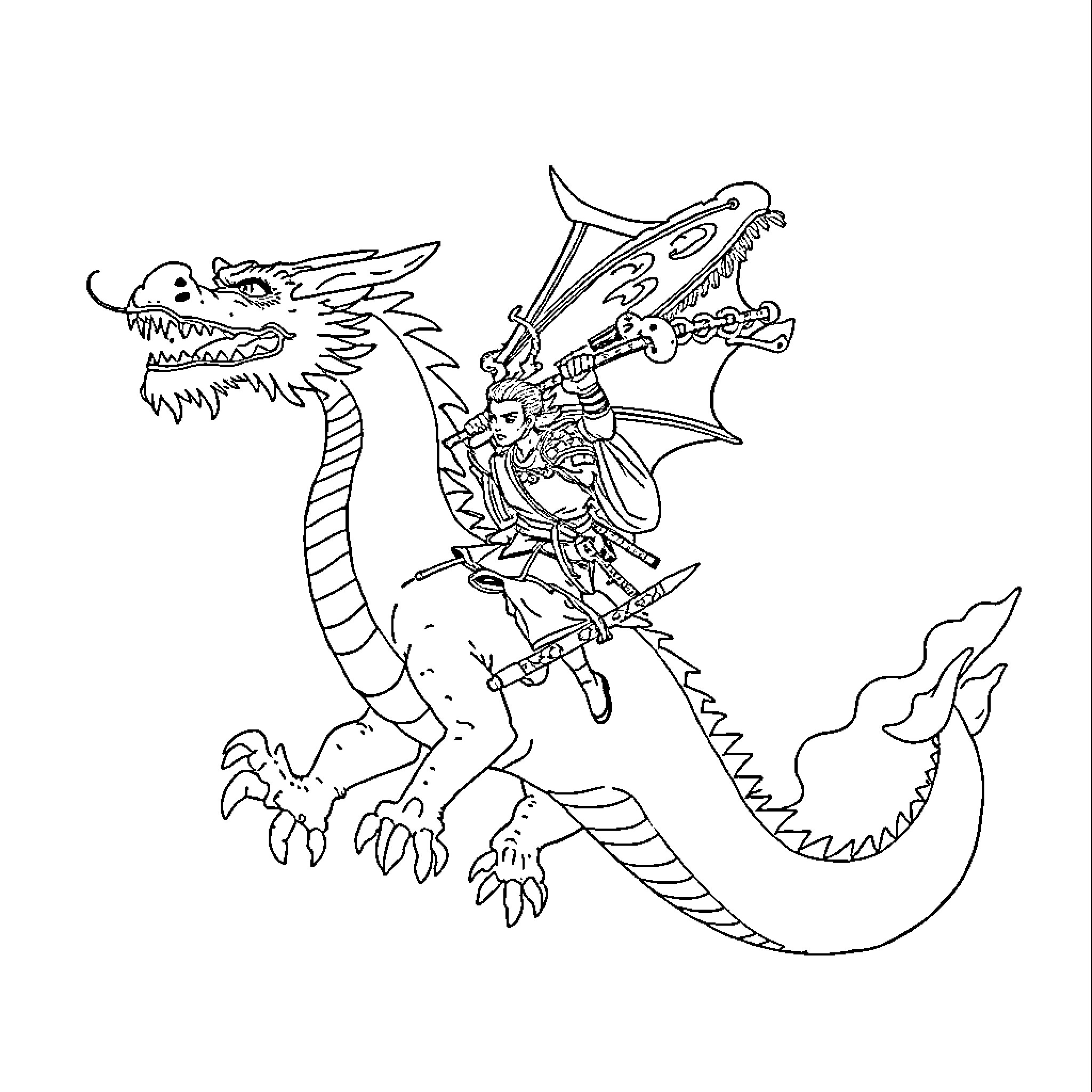 Samurai Riding Fantastical Dragon Creature Coloring Page (free black-and-white line drawing printable PDF for all, from beginners to advanced learners, including children, teens, adults, and seniors)