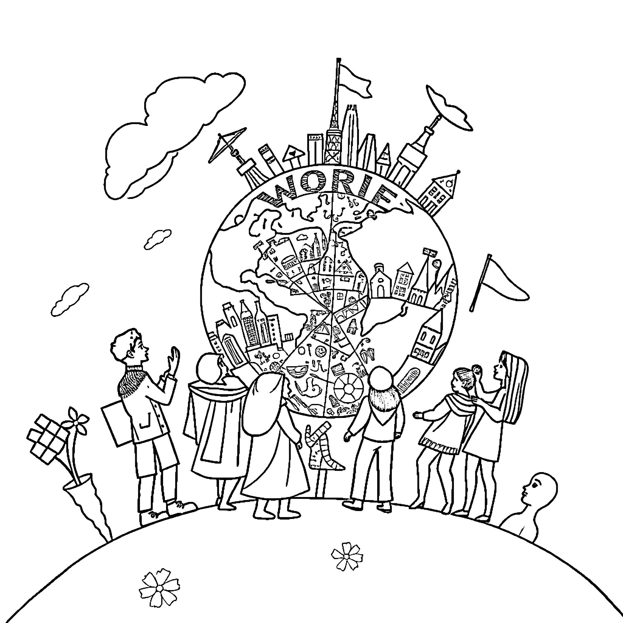 World of Cultural Diversity and Global Landmarks Coloring Page (free black-and-white line drawing printable PDF for all, from beginners to advanced learners, including children, teens, adults, and seniors)